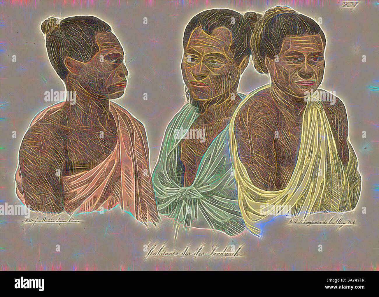 Es sind drei Personen dargestellt, die jeweils mit verzierten Tüchern in verschiedenen Pastelltönen versehen sind. Die Gesichtsausdrücke vermitteln eine Mischung aus Kontemplation und Stärke, während ihre Seitenprofile und Frontansichten ein dynamisches Zusammenspiel erzeugen. Der Hintergrund zeigt subtile Farben, die die künstlerische Qualität des Bildes verbessern., Bewohner der Sandwichinseln, Porträts von Bewohnern der Sandwichinseln, signiert: lith., par Norblin d'après Choris; lith., de Langlumé, Abb. 15, nach S. 24, S. 191, Choris, Louis; Norblin, Jean-Pierre (lith.); Langlumé, Joseph (lith.), 1822, Louis Choris: Reise Stockfoto