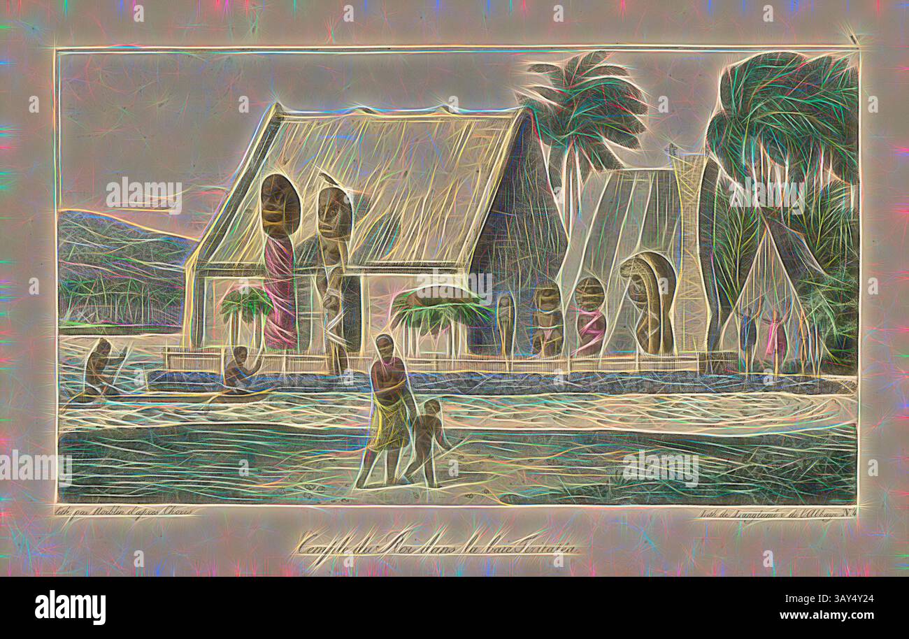 Eine Küstenszene mit einer traditionellen Strohdachhütte und einem ruhigen Gewässer mit Palmen, die die Landschaft umrahmen. Im Vordergrund geht eine Figur mit einem Hund, die der ruhigen Umgebung ein Gefühl von Leben und Bewegung verleiht. Die künstlerische Interpretation verstärkt die Texturen und Farben und schafft eine traumhafte Qualität., Tempel des Königs in der Bucht von Tiritatea, Tempel in der Bucht Tititatea, Sandwichinseln, signiert: lith., Par Norblin d'après Choris; lith., de Langlumé, Abb. 5, nach S. 24, S. 171, Choris, Louis; Norblin, Jean-Pierre (lith.); Langlumé, Joseph (lith.), 1822, Louis Choris Stockfoto
