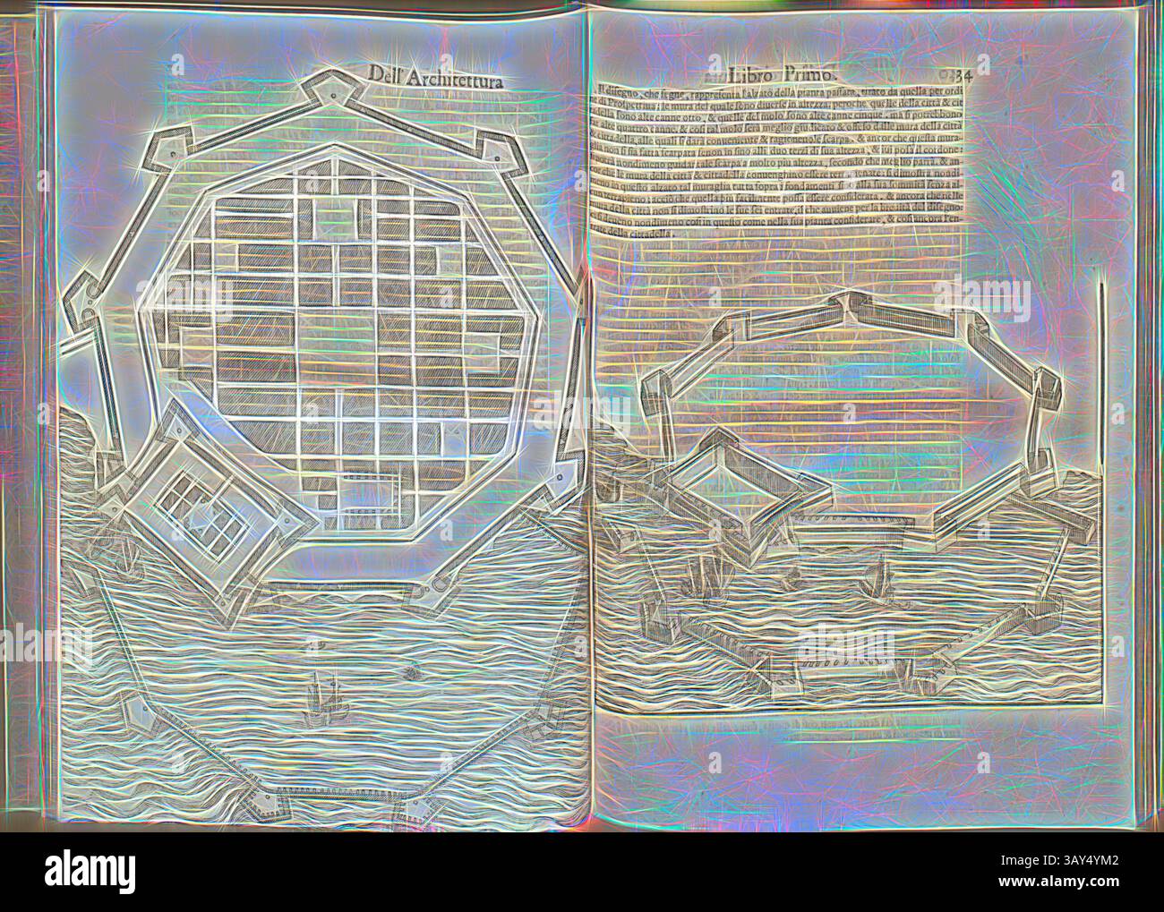 Eine illustrierte architektonische Verteilung zeigt einen detaillierten Plan einer befestigten Struktur, die von Wasser umgeben ist. Das Layout enthält geometrische Formen und Raster, während Anmerkungen Kontext und Beschreibungen der Gestaltungsprinzipien liefern., Befestigung einer maritimen Stadt, Grundriss und Ansicht einer Stadtbefestigung aus dem 16. Jahrhundert, Abb. 1 & 2, S. 38 & 39, 1567, Pietro Cataneo: L' architettura. [Venedig]: [Manutius], [1567], Klassische Kunst mit modernem Touch, neu interpretiert von Artotop Stockfoto