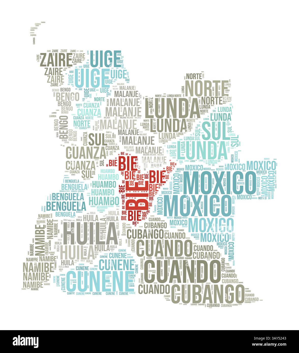 Angola Word Cloud. Länderform mit Gebietseinteilung. Bild im typografischen Stil Angola. Bereichsnamen kennzeichnen Wolken. Vektorabbildung. Stock Vektor
