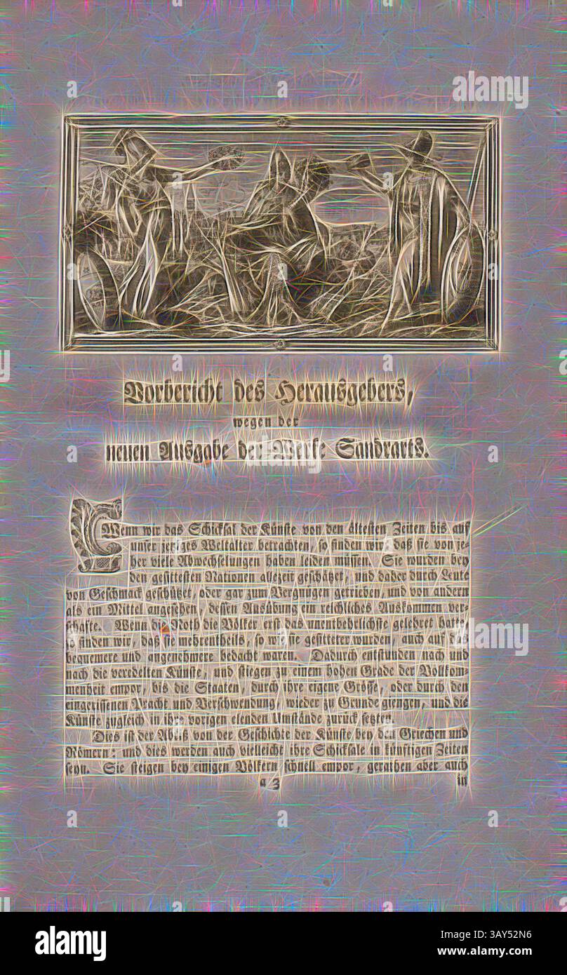 Eine komplizierte Szene mit Figuren, die eine traditionelle Tätigkeit ausüben, umgeben von kunstvollen Grenzen und begleitet von einem detaillierten Text am unteren Rand, der auf einen historischen oder literarischen Kontext hinweist. Krönung der Serenissima, Personifizierungen von Rom, Byzanz, Republik Venedig mit Rudern und Kornukopien in der Hand, Abb. 1, S. XV, Offizin Endter Nürnberg (imp.), 1775, Joachim von Sandrart:Teutsche Academie der Bau- Bildhauer- und Maler-Kunst: Worinn die Regeln und Lehrsätze dieser Künste gegeben, nicht weniger zu mehreren Erläuterungen die besten Exempel der alten und neuen Künstler in Kupfer Stockfoto