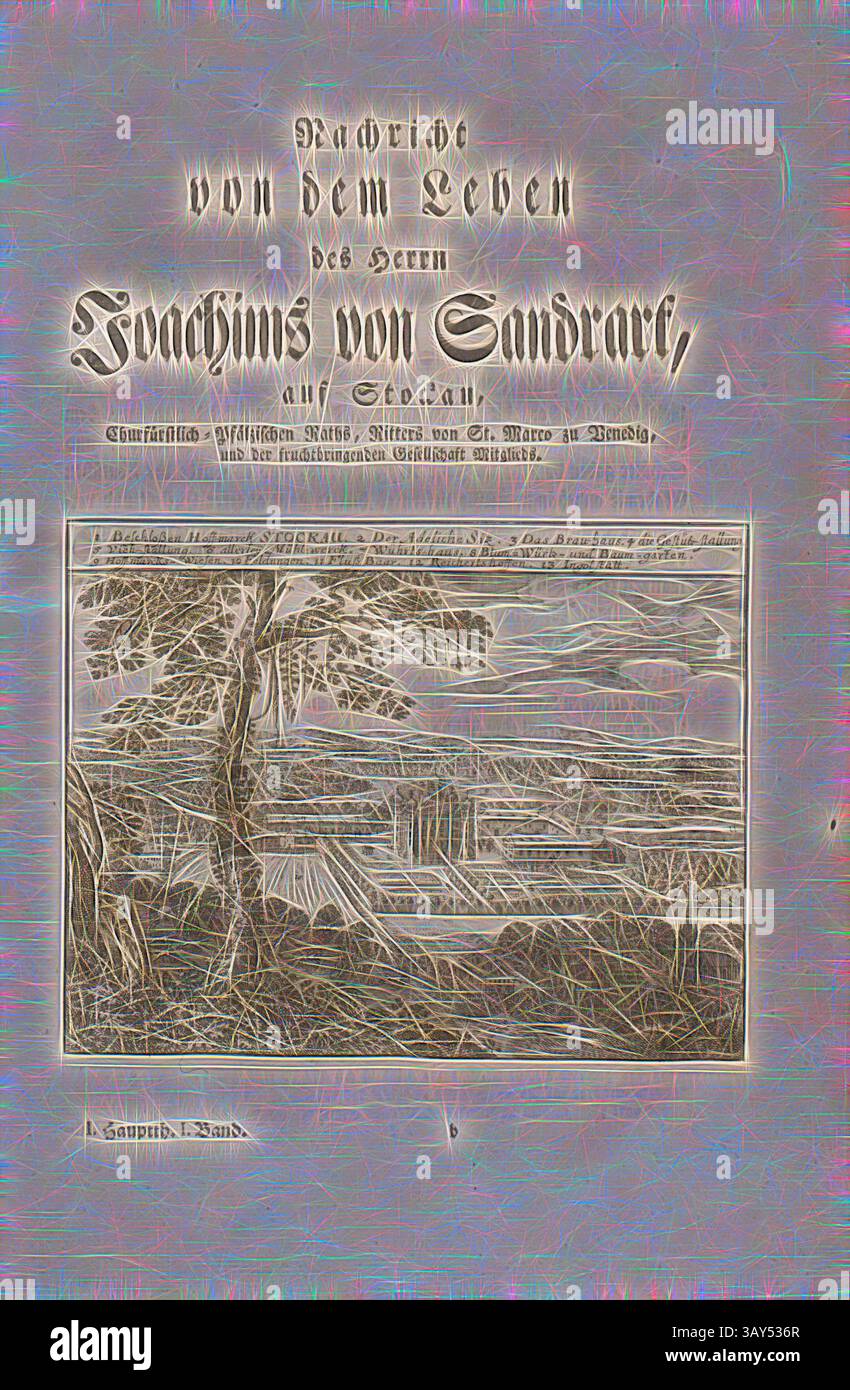 Eine handgezeichnete Landschaft mit einer ruhigen Flussszene, eingerahmt von Bäumen und Hügeln, mit einem kunstvollen Titel an der Spitze, der auf eine Lebensgeschichte einer Figur namens Joachim von Sandrart verweist. Das komplizierte Design fängt ein künstlerisches und historisches Wesen ein., entschied Hoff-marck Stockau ..., Schloss Stockau bei Ingolstadt (Deutschland), Landgut des Künstlers Joachim von Sandrart, Abb. 3, S. XIII, Sandrart, Joachim von (fec.); Offizin Endter Nürnberg (Imp.), 1775, Joachim von Sandrart:Teutsche Academie der Bau- Bildhauer- und Maler-Kunst: Worinn die Regeln und Lehrsätze dieser Künste gegeben, nicht Stockfoto