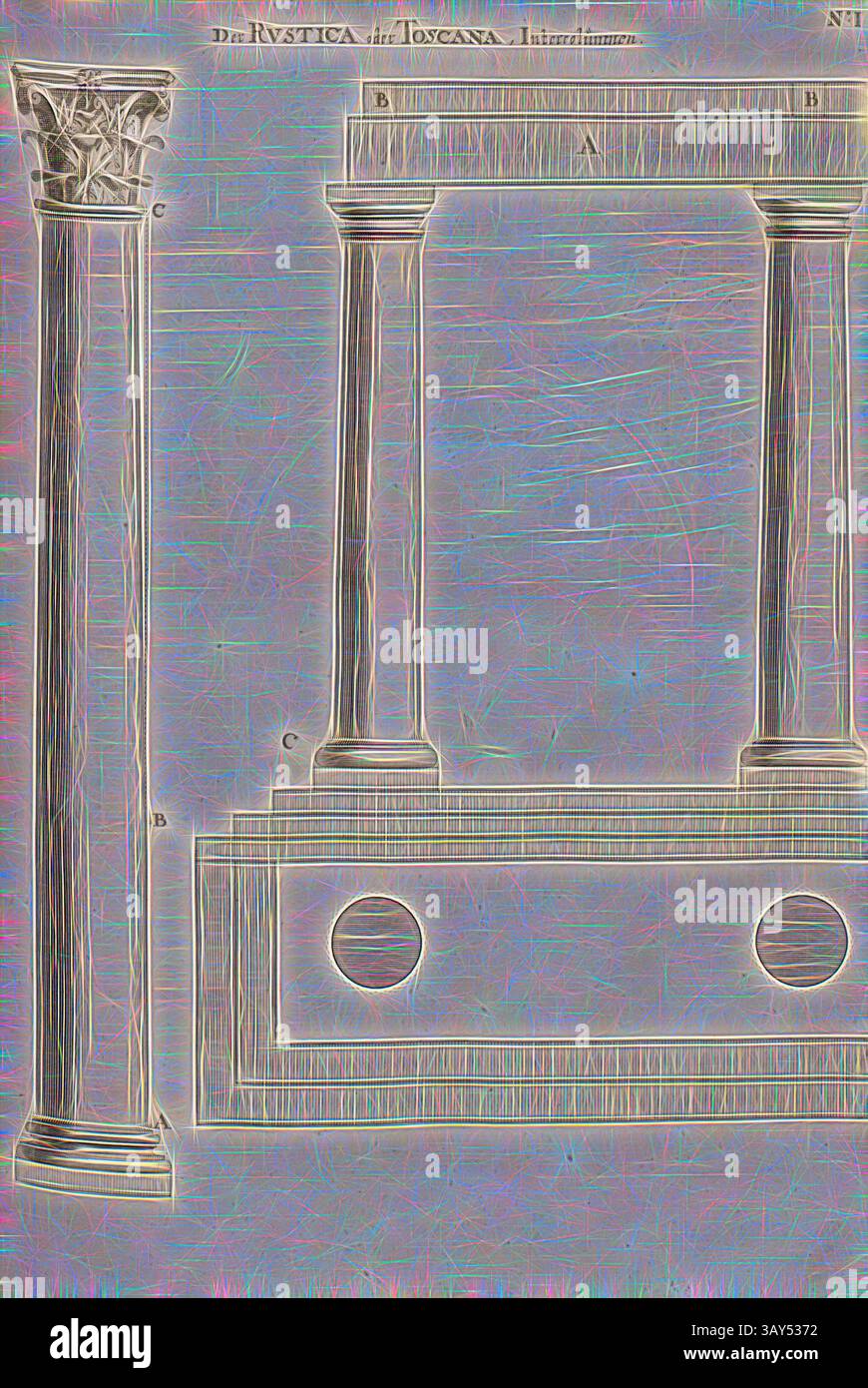 Eine architektonische Illustration mit verzierten Säulen und einem stilisierten Sockel, die klassische Designelemente mit komplizierten Details und einem dekorativen Motiv zeigt., die Rustica oder Toscana, Intercolumnen, toskanische Säulenordnung, Interkolumnies, Abb. 17, nein 1, zu S. 30, Offizin Endter Nürnberg (imp.), 1775, Joachim von Sandrart:Teutsche Academie der Bau- Bildhauer- und Maler-Kunst: Worinn die Regeln und Lehrsätze dieser Künste gegeben, nicht weniger zu mehreren Erläuterungen die besten Exempel der alten und neuen Künstler in Kupfer beygefüget worden, wie solche in Rom auf das genaueste Stockfoto