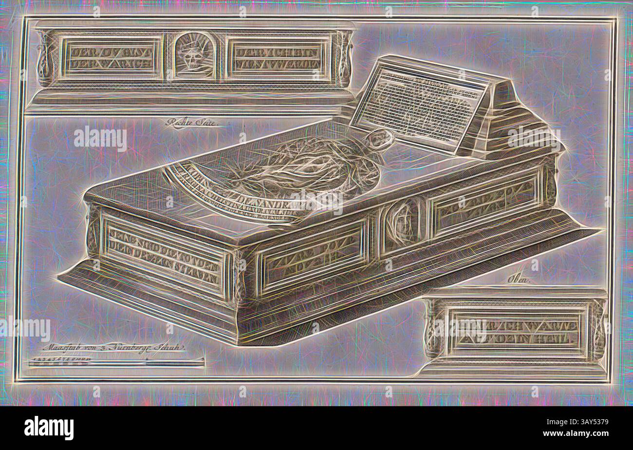 Ein aufwändig gestaltetes Grab mit aufwändigen Schnitzereien und Inschriften, das eine Ruhestätte mit kunstvollen Details und symbolischen Bildern zeigt., Joachim von Sandrarts Grab, Sandrarts Grab auf dem Johannisfriedhof in Nürnberg, Abb. 6, gem. S. XXVIII, Offizin Endter Nürnberg (imp.), 1775, Joachim von Sandrart:Teutsche Academie der Bau- Bildhauer- und Maler-Kunst: Worinn die Regeln und Lehrsätze dieser Künste gegeben, nicht weniger zu mehreren Erläuterungen die besten Exempel der alten und neuen Künstler in Kupfer beygefüget, wie solche in Rom auf das genaueste worden Stockfoto