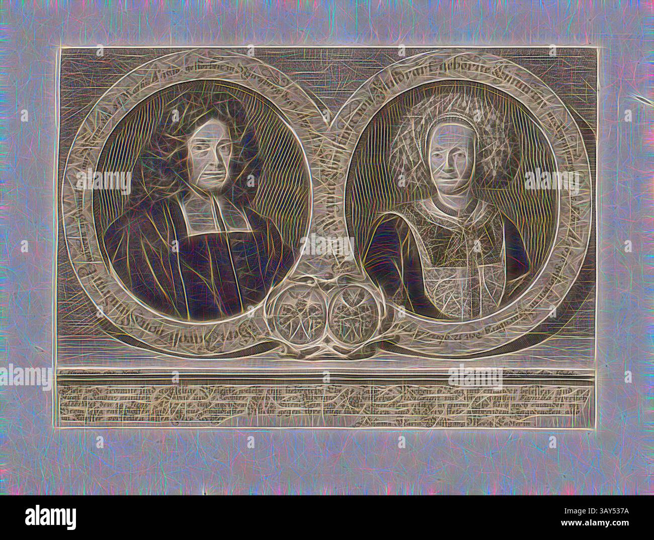 Eine historische Darstellung mit zwei herausragenden Figuren, eingerahmt in kreisförmigen Porträts, verziert mit kunstvollen Verzierungen und komplizierten Details. Die Komposition enthält verzierte Borten und eine dekorative Basis, die ihre Bedeutung unterstreicht., Herr Jacob von Sandrart ... Frau Regina Christina von Sandrart, Porträt von Jakob von Sandrart und Regina Christina von Sandrart, Abb. 10, gem. S. XXXII, Offizin Endter Nürnberg (imp.), 1775, Joachim von Sandrart:Teutsche Academie der Bau- Bildhauer- und Maler-Kunst: Worinn die Regeln und Lehrsätze dieser Künste gegeben, nicht weniger zu Stockfoto