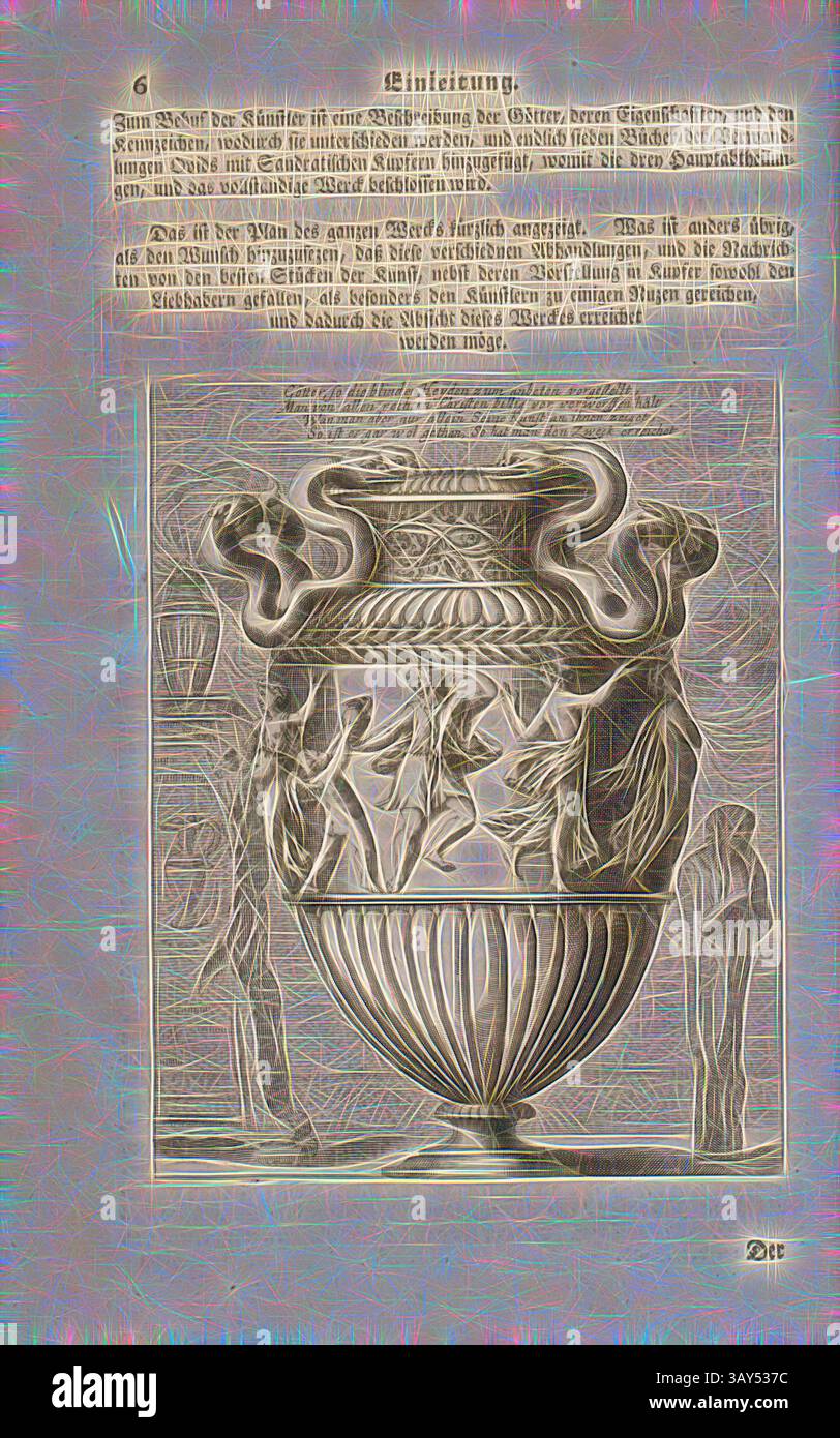 In der Mitte steht eine kunstvoll verzierte Vase, die mit komplizierten Figuren geschmückt ist, die um sie herum zu tanzen scheinen. Das detailreiche Design zeigt eine Mischung aus klassischen Motiven mit einem Gefühl von Eleganz und Handwerkskunst, das das Auge des Betrachters auf sich zieht. Ornamentale Elemente ergänzen die zentrale Vase und verstärken ihre Pracht. Götter, so präsentierte der blinde Heyden zur Anbetung ..., Vase mit Bacchante, Abb. 13, S. 6, Sandrart, Joachim von (fec.); Offizin Endter Nürnberg (Imp.), 1775, Joachim von Sandrart:Teutsche Academie der Bau- Bildhauer- und Maler-Kunst: Worinn die Regeln und Lehrsätze dieser Künste gegeben Stockfoto