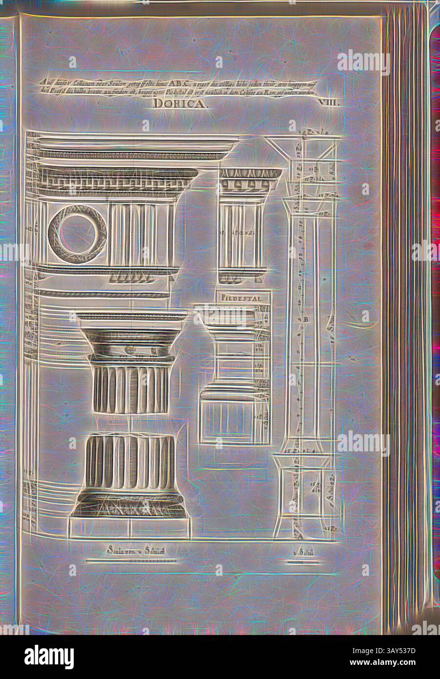 Ein kompliziertes Design mit verschiedenen architektonischen Elementen, einschließlich Säulen, Kapitellen und Basen, die die dorische Ordnung veranschaulichen. Die Illustrationen zeigen detaillierte Handwerkskunst und klassische Proportionen und bieten eine Studie der antiken Architekturstile. Die Linie auf dieser collon oder Säule A.B.C. zeigt die vollständige Höhe jedes Teils ..., Säule der dorischen Ordnung, Abb. 23, VIII, nach S. 30, Offizin Endter Nürnberg (imp.), 1775, Joachim von Sandrart:Teutsche Academie der Bau- Bildhauer- und Maler-Kunst: Worinn die Regeln und Lehrsätze dieser Künste gegeben, nicht weniger zu mehreren Stockfoto