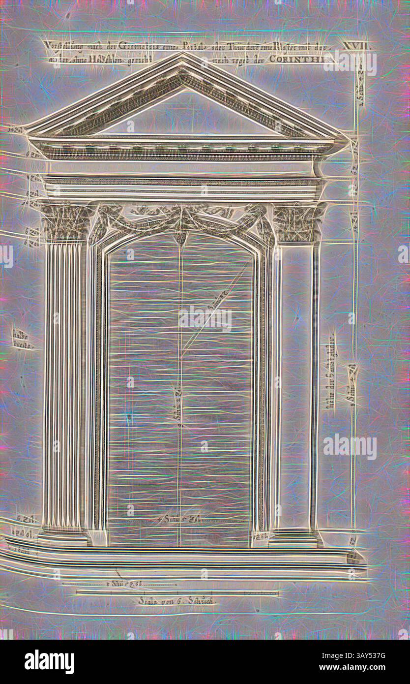 Eine detaillierte architektonische Illustration mit einem großen, von kunstvollen Säulen und einem dekorativen Giebel eingerahmten Tor, die klassische Designelemente und präzise Maße zeigt., Darstellung nach der Geometrie eines Portals oder einer Tür, deren ein Pilaster mit dem anderen, ohne Holkehlen Hof nach Korinthia-Regel, geometrische Darstellung eines Portals dorischen Ordens, Abb. 32, XVII, nach S. 30, Offizin Endter Nürnberg (imp.), 1775, Joachim von Sandrart:Teutsche Academie der Bau- Bildhauer- und Maler-Kunst: Worinn die Regeln und Lehrsätze dieser Künste gegeben, nicht weniger zu Stockfoto