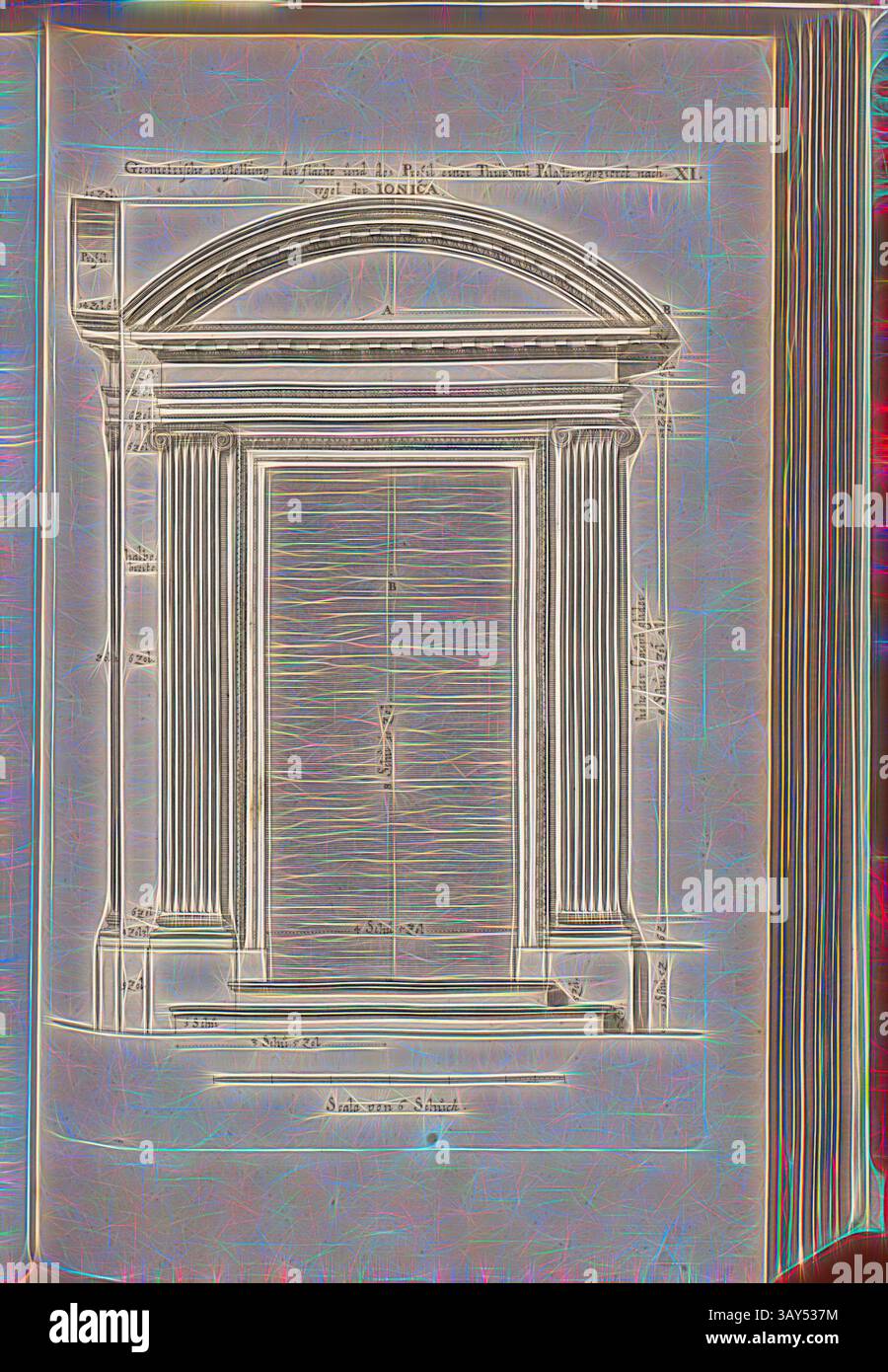 Eine architektonische Illustration mit einem großen Eingang, eingerahmt von komplizierten Säulen, mit detaillierten Notizen und Messungen, die die klassischen Designelemente hervorheben., geometrische Darstellung der Oberfläche und des Profils einer Tür mit Pilastern, die von der Ionica verziert sind, Geometrische Darstellung eines Portals ionischer Ordnung, Abb. 26, XI, nach S. 30, Offizin Endter Nürnberg (imp.), 1775, Joachim von Sandrart:Teutsche Academie der Bau- Bildhauer- und Maler-Kunst: Worinn die Regeln und Lehrsätze dieser Künste gegeben, nicht weniger zu mehreren Erläuterungen die besten Exempel der alten und Stockfoto