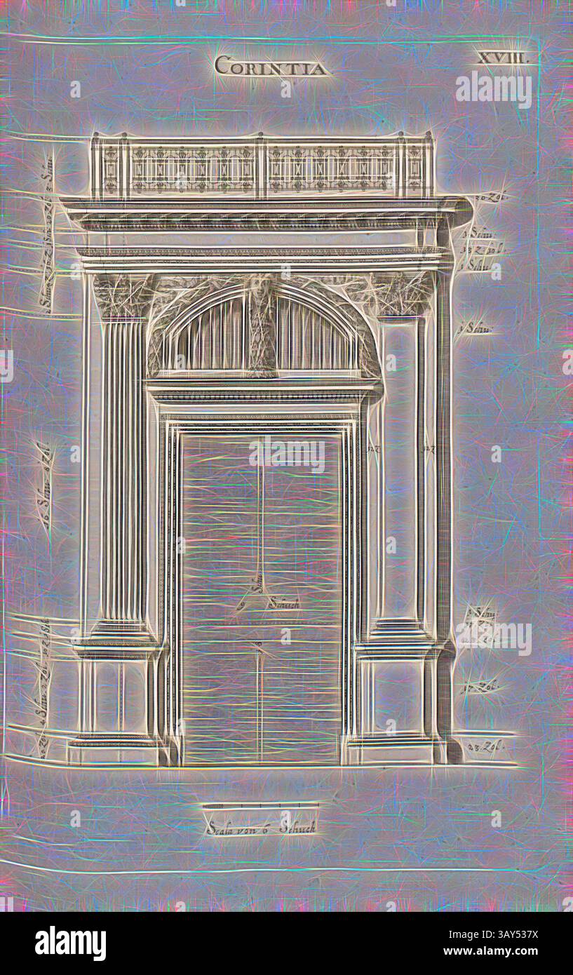 Eine architektonische Illustration mit einem kunstvollen Eingang mit komplizierten Details, hervorgehoben durch klassische Designelemente und Verzierungen. Das Stück weist ein markantes Gesims und eine dekorative Verkleidung auf, die auf einen eleganten Eingang hindeutet., Corinthia 2, Korinthischer Ordensbogen, Abb. 33, XVIII, nach S. 30, Offizin Endter Nürnberg (imp.), 1775, Joachim von Sandrart:Teutsche Academie der Bau- Bildhauer- und Maler-Kunst: Worinn die Regeln und Lehrsätze dieser Künste gegeben, nicht weniger zu mehreren Erläuterungen die besten Exempel der alten und neuen Künstler in Kupfer beygefüget, wie Stockfoto