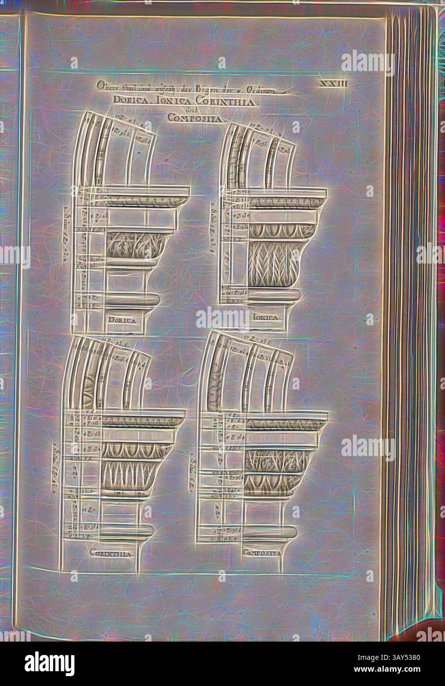 Eine detaillierte architektonische Zeichnung zeigt verschiedene Stile der Säulenspitzen, insbesondere Doric, Ionic und Corinthan, und veranschaulicht ihre einzigartigen Designs und ornamentalen Merkmale., Oberer Teil und Teile der Bögen der 4. Ordnung Dorica, Ionica, Corinthia und Composita, Hauptstadt von Doric, Ionian, korinthische und zusammengesetzte Reihenfolge, Abb. 38, XXIII, nach S. 30, Offizin Endter Nürnberg (imp.), 1775, Joachim von Sandrart:Teutsche Academie der Bau- Bildhauer- und Maler-Kunst: Worinn die Regeln und Lehrsätze dieser Künste gegeben, nicht weniger zu mehreren Erläuterungen die besten Exempel der alten und Stockfoto