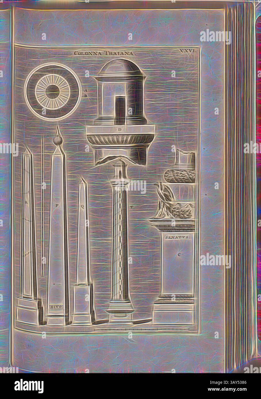 Eine Sammlung architektonischer Elemente und Designs, darunter Säulen, ein kunstvoller Sockel und verschiedene geometrische Formen, die jeweils komplexe Details und handwerkliches Können zeigen. Die Komposition präsentiert eine harmonische Mischung aus Form und Struktur, die Elemente des klassischen Designs hervorhebt. Trajan-Säule, Trajan-Säule und Obelisk, Abb. 41, XXVI, nach S. 30, Offizin Endter Nürnberg (imp.), 1775, Joachim von Sandrart:Teutsche Academie der Bau- Bildhauer- und Maler-Kunst: Worinn die Regeln und Lehrsätze dieser Künste gegeben, nicht weniger zu mehreren Erläuterungen die besten Exempel der alten und Stockfoto