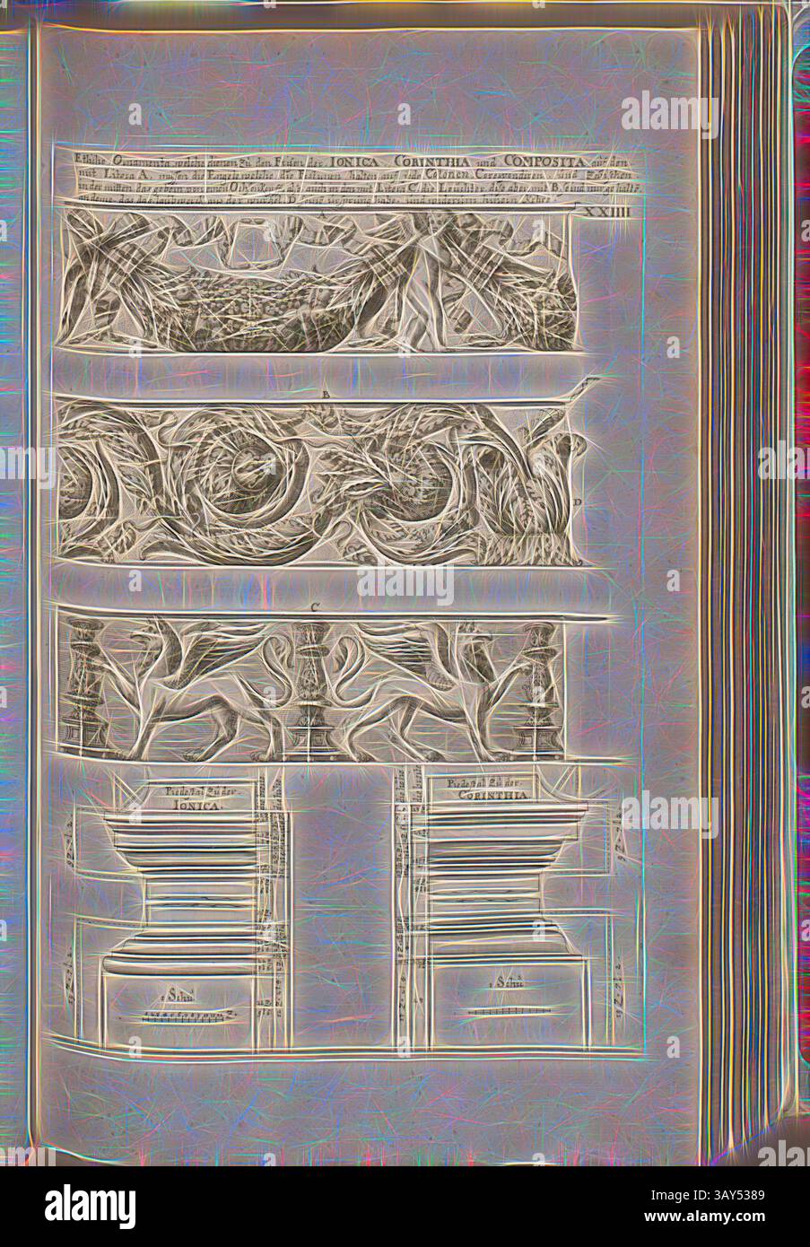 Eine detaillierte Illustration, die komplexe architektonische Entwürfe und ornamentale Motive zeigt, mit dekorativen Elementen und verschiedenen Stilen von Säulen, die Handwerkskunst und künstlerische Finesse betonen., mehrere Ornamente, die den Friesen von Ionica, Corinthia und Composita ... dienen, kunstvolle Friese der Ionischen, korinthischen und Komposita-Ordnung, Abb. 39, XXIIII, nach S. 30, Offizin Endter Nürnberg (imp.), 1775, Joachim von Sandrart:Teutsche Academie der Bau- Bildhauer- und Maler-Kunst: Worinn die Regeln und Lehrsätze dieser Künste gegeben, nicht weniger zu mehreren Erläuterungen die besten Stockfoto