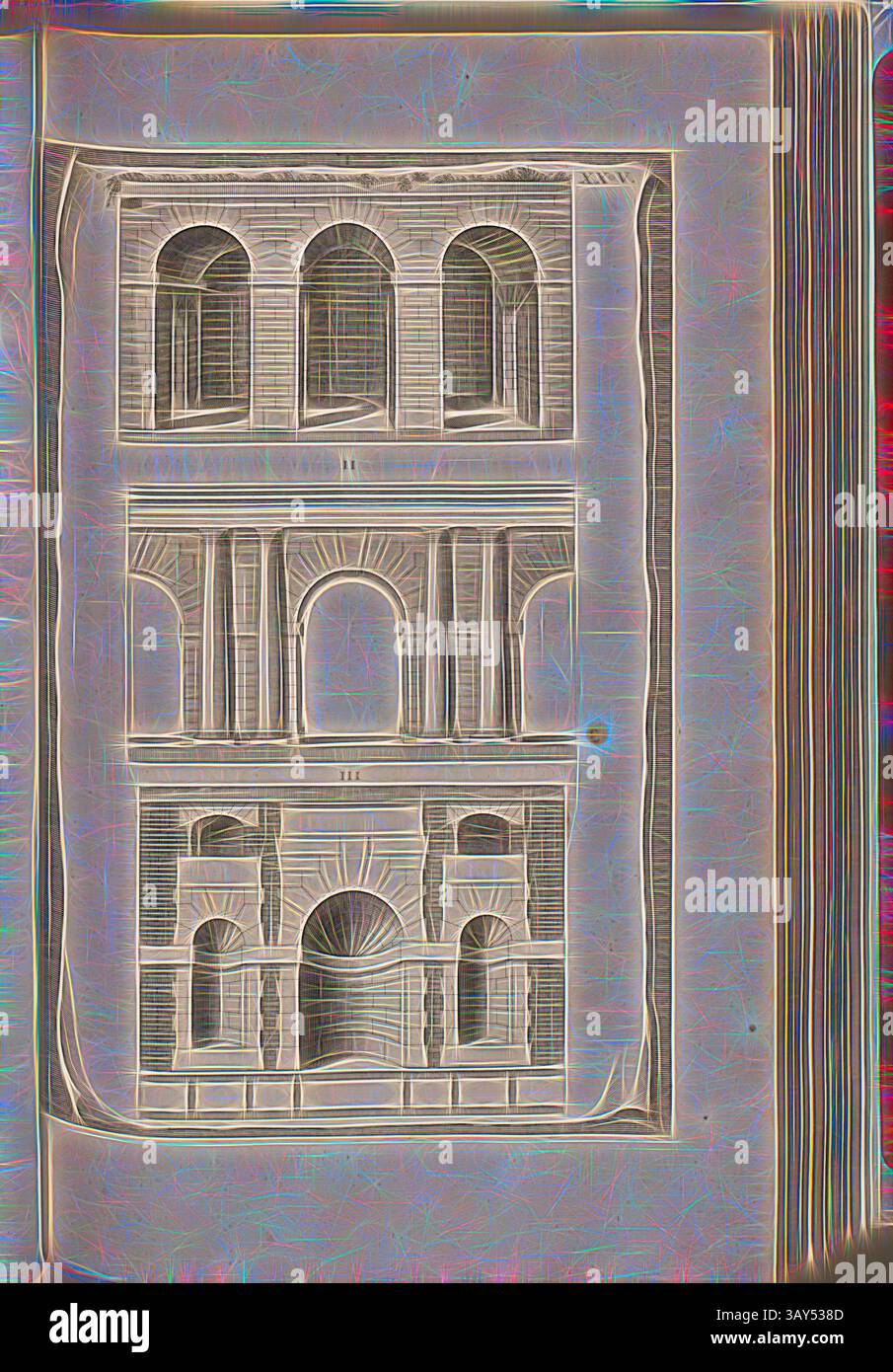 Eine komplizierte architektonische Illustration, die drei Ebenen von Bogenstrukturen zeigt, die jeweils mit kunstvollen Details eingerahmt sind und die Pracht des klassischen Designs betonen. Steinmauer, Wände und Bögen, Abb. 40, XXV, nach S. 30, Offizin Endter Nürnberg (imp.), 1775, Joachim von Sandrart:Teutsche Academie der Bau- Bildhauer- und Maler-Kunst: Worinn die Regeln und Lehrsätze dieser Künste gegeben, nicht weniger zu mehreren Erläuterungen die besten Exempel der alten und neuen Künstler in Kupfer beygefüget, wie solche in Rom auf das genaueste abgezeichnet sind: Nebst den Lebensbeschreibungen der worden Stockfoto
