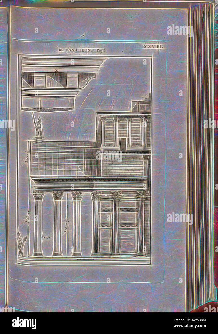 Eine architektonische Illustration, die eine detaillierte Anhebung klassischer Strukturen zeigt, mit Säulen, verzierten Fassaden und komplexen Dachlinien. Das Design betont Symmetrie und komplizierte Handwerkskunst, typisch für historische Architektur., Pantheons Profil, Pantheon in Rom, Abb. 44, XXVIIII, nach S. 30, Offizin Endter Nürnberg (imp.), 1775, Joachim von Sandrart:Teutsche Academie der Bau- Bildhauer- und Maler-Kunst: Worinn die Regeln und Lehrsätze dieser Künste gegeben, nicht weniger zu mehreren Erläuterungen die besten Exempel der alten und neuen Künstler in Kupfer beygefüget worden, wie Stockfoto