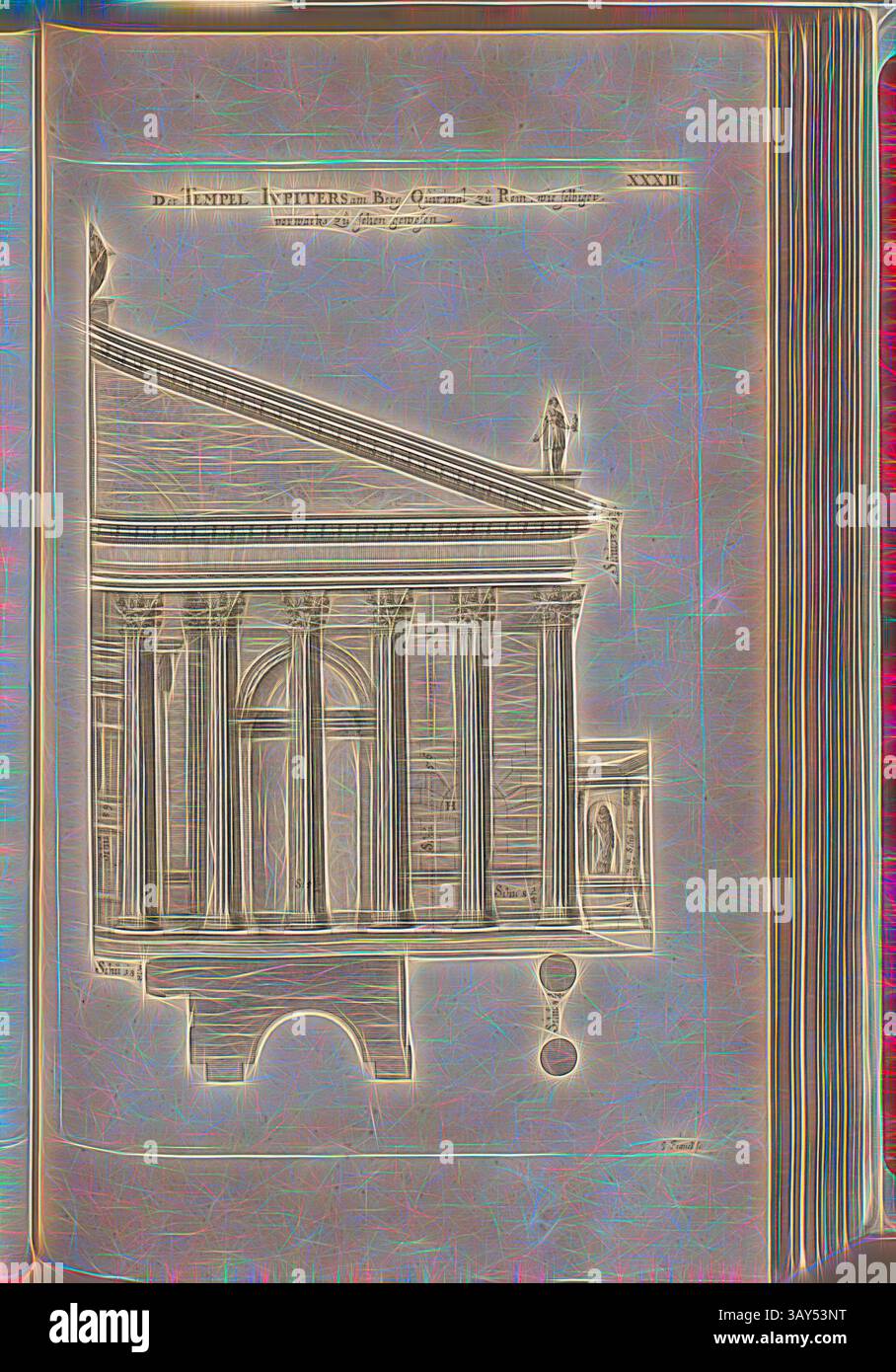 Eine detaillierte Illustration eines klassischen Tempelbaus mit großen Säulen und einer kunstvollen Fassade, hervorgehoben durch komplexe architektonische Elemente und eine neugierige Figur auf dem Gebäude. Die Szene weckt ein Gefühl von Größe und historischer Bedeutung. Der Tempel des Jupiters auf dem Quirinalberg in Rom, sowie der erste, war zu sehen, der Tempel des Jupiters (Serapis) in Rom, Abb. 48, XXXIII, nach S. 30, Offizin Endter Nürnberg (imp.), 1775, Joachim von Sandrart:Teutsche Academie der Bau- Bildhauer- und Maler-Kunst: Worinn die Regeln und Lehrsätze dieser Künste gegeben Stockfoto