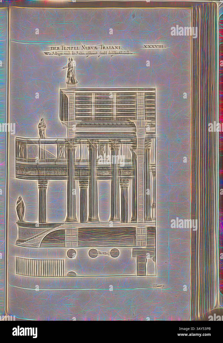 Eine komplexe architektonische Illustration mit einem großen Gebäude mit klassischen Säulen und Figuren auf einer Terrasse, die die Eleganz des antiken Designs und der Handwerkskunst unterstreicht. Der Tempel der Nervae Traiani, wie er selbst erscheint, nachdem die Seiten denselben Grundriss gemalt haben, Tempel der Minerva in Rom, signiert: J. Franck sc, Abb. 53, XXXVIII, nach S. 30, Franck, Johann (sc.); Offizin Endter Nürnberg (imp.), 1775, Joachim von Sandrart:Teutsche Academie der Bau- Bildhauer- und Maler-Kunst: worinn die Regeln und Lehrsätze dieser Künste gegeben, nicht weniger zu mehreren Erläuterungen die besten Stockfoto