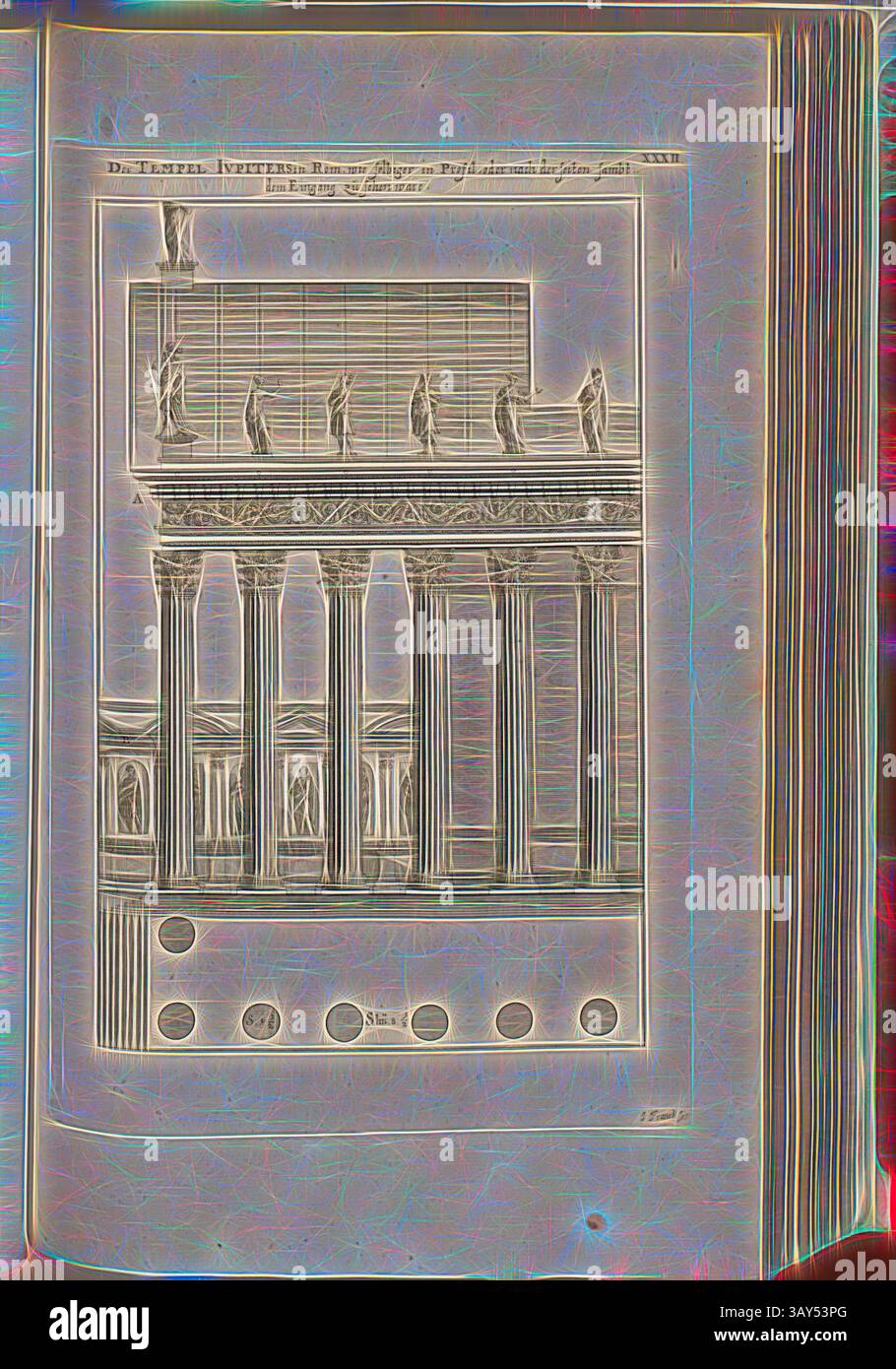 Eine architektonische Illustration, die eine klassische Struktur zeigt, mit Säulen und Figuren auf einem Giebel. Das Design hebt komplizierte Details und Symmetrie hervor und bietet einen Einblick in historische architektonische Stile. Der Tempel des Iupiters in Rom, wie im Profil, oder nachdem die Seiten gesampft wurden, um den Eingang, Tempel des Jupiters (Serapis) in Rom, Abb. 47, XXXII, nach S. 30, Offizin Endter Nürnberg (imp.), 1775, Joachim von Sandrart:Teutsche Academie der Bau- Bildhauer- und Maler-Kunst: Worinn die Regeln und Lehrsätze dieser Künste gegeben, nicht weniger zu mehreren Stockfoto