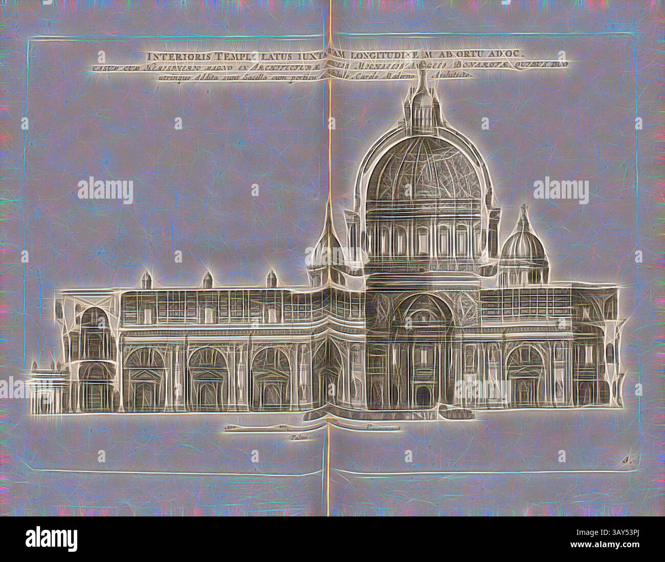 Eine architektonische Illustration, die ein großes Gebäude mit einer großen Kuppel, komplizierten Details und klassischen Elementen zeigt. Das Design zeigt Säulen und Bögen, die seine historische Bedeutung und Pracht betonen., die Innenseite des Tempels ..., Längsschnitt des Petersdoms in Rom, Abb. 59, 3, nach S. 94, Offizin Endter Nürnberg (imp.), 1775, Joachim von Sandrart:Teutsche Academie der Bau- Bildhauer- und Maler-Kunst: Worinn die Regeln und Lehrsätze dieser Künste gegeben, nicht weniger zu mehreren Erläuterungen die besten Exempel der alten und neuen Künstler in Kupfer Stockfoto