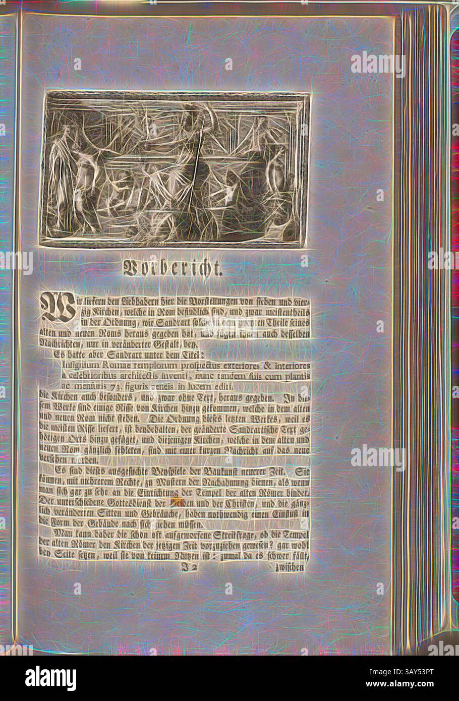 Eine komplexe Illustration mit einer historischen Szene wird von einem ausführlichen Text in deutscher Sprache begleitet, der Kontext und Kommentar zum abgebildeten Ereignis liefert. Das künstlerische Rendering zeigt Figuren und Elemente, die auf ein Erzählelement hinweisen, während der Text dazu dient, das Verständnis des Betrachters für die Erzählung zu verbessern., Frontispiece, Abb. 54, S. 33, Offizin Endter Nürnberg (imp.), 1775, Joachim von Sandrart:Teutsche Academie der Bau- Bildhauer- und Maler-Kunst: Worinn die Regeln und Lehrsätze dieser Künste gegeben, nicht weniger zu mehreren Erläuterungen die besten Exempel der alten und Stockfoto