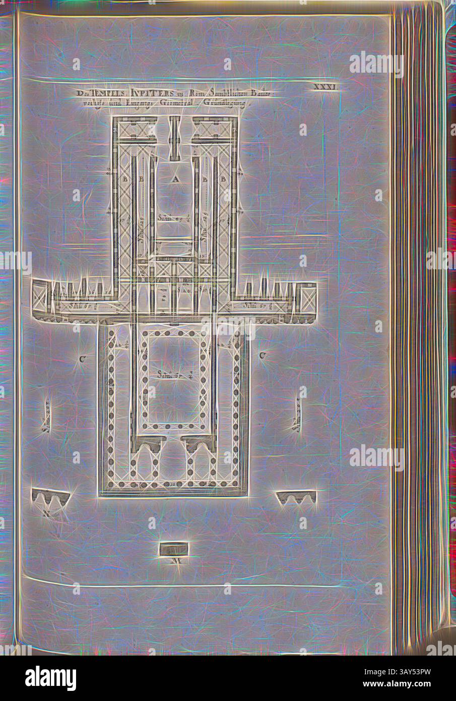 Eine detaillierte architektonische Zeichnung mit komplexen Entwürfen, einschließlich symmetrischer Türme und kunstvoller Elemente. Das Layout zeigt eine zentrale Struktur mit dekorativen Mustern und geometrischen Formen, die die Handwerkskunst der Epoche hervorheben. Der Tempel des Jupiters in Rom. Sambal-Gebäude. Atrium und Eingang. Geometrisches Fundament, Grundriss des Jupitertempels (Serapis-Tempel) in Rom, Abb. 46, XXXI, nach S. 30, Offizin Endter Nürnberg (imp.), 1775, Joachim von Sandrart:Teutsche Academie der Bau- Bildhauer- und Maler-Kunst: Worinn die Regeln und Lehrsätze dieser Künste gegeben, nicht Stockfoto