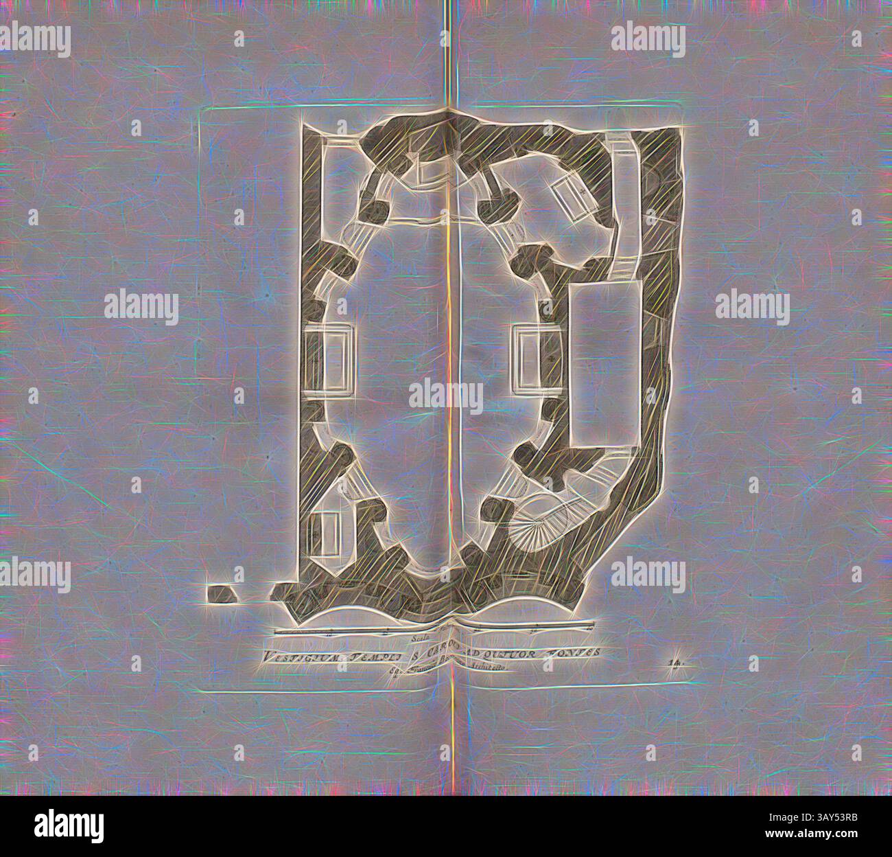 Ein detaillierter architektonischer Entwurf zeigt ein symmetrisches Layout mit miteinander verbundenen Räumen und komplexen Designs, die durch dekorative Elemente und einen kunstvollen zentralen Bereich hervorgehoben werden. Anmerkungen und Messungen geben Einblicke in die Abmessungen und Merkmale der Struktur., Markierung der vier Quellen des Tempels St. Charles, Grundriss der Kirche San Carlo alle Quattro Fontane in Rom, Abb. 70, 14, nach S. 94, Offizin Endter Nürnberg (imp.), 1775, Joachim von Sandrart:Teutsche Academie der Bau- Bildhauer- und Maler-Kunst: Worinn die Regeln und Lehrsätze dieser Künste gegeben, nicht weniger zu Stockfoto