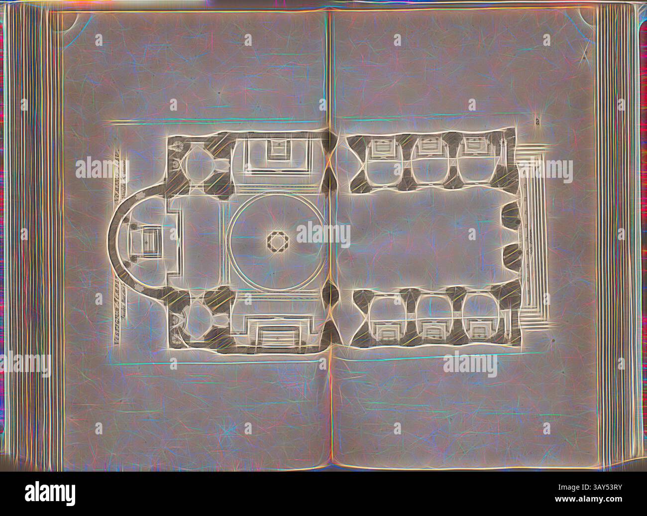 Ein architektonischer Entwurf zeigt einen detaillierten Grundriss mit einem durchdachten Grundriss mit einer zentralen Kuppel, umgeben von symmetrischen Räumen und dekorativen Elementen. Das Design spiegelt Elemente der klassischen Architektur wider und hebt sowohl Funktion als auch Ästhetik hervor. Es markiert den Tempel Jesu, die Kirche Jesu (Chiesa del Santissimo Nome di Gesù all'Argentina) in Rom, Abb. 76, 20, nach S. 94, Offizin Endter Nürnberg (imp.), 1775, Joachim von Sandrart:Teutsche Academie der Bau- Bildhauer- und Maler-Kunst: Worinn die Regeln und Lehrsätze dieser Künste gegeben, nicht weniger zu mehreren Stockfoto
