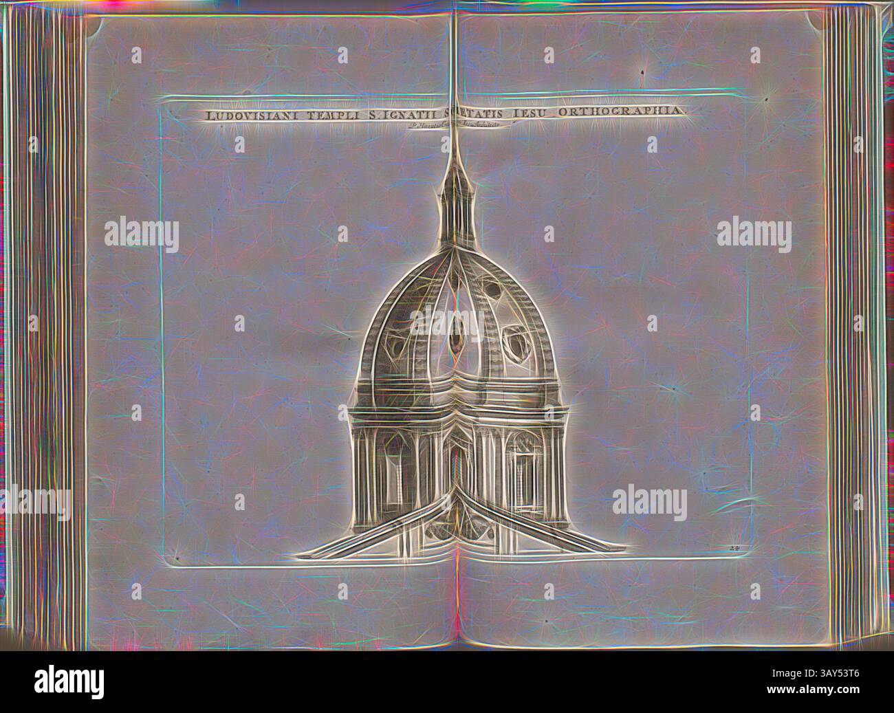 Eine komplexe architektonische Zeichnung mit einer Kuppel mit detaillierten dekorativen Elementen, die von einer eleganten Struktur darunter eingerahmt wird. Das Design betont die Symmetrie und Handwerkskunst, die typisch für die klassische Architektur ist., Ludovisiani Tempelgesellschaft Jesu, St. Ignatius orthographisch, Kirche Sant Ignacio in Rom, Abb. 80, 24, nach S. 94, Offizin Endter Nürnberg (imp.), 1775, Joachim von Sandrart:Teutsche Academie der Bau- Bildhauer- und Maler-Kunst: Worinn die Regeln und Lehrsätze dieser Künste gegeben, nicht weniger zu mehreren Erläuterungen die besten Exempel der alten und neuen Künstler in Stockfoto