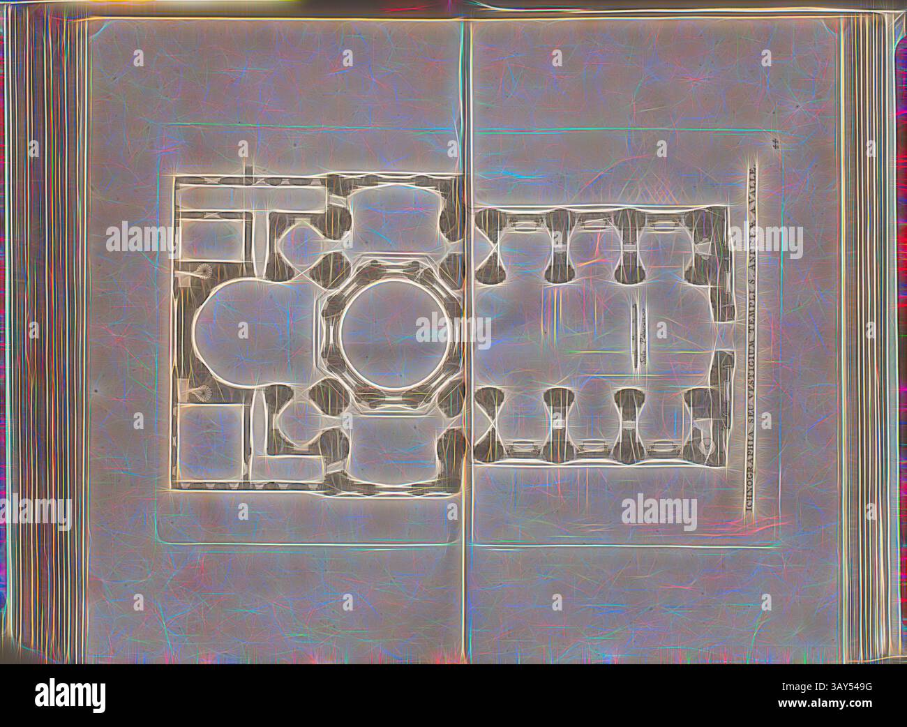Ein detaillierter architektonischer Entwurf umfasst komplexe Entwürfe, die verschiedene Räume und strukturelle Elemente innerhalb eines definierten Layouts hervorheben. Die Gesamtkomposition zeigt eine Mischung aus Formen und Linien, die einen geplanten Raum mit Präzision veranschaulichen. Ichnographia oder ein Überbleibsel des Tempels des Heiligen Andrews-Tals, Kirche Sant'Andrea della Valle in Rom, Abb. 100, 44, nach S. 94, Offizin Endter Nürnberg (imp.), 1775, Joachim von Sandrart:Teutsche Academie der Bau- Bildhauer- und Maler-Kunst: Worinn die Regeln und Lehrsätze dieser Künste gegeben, nicht weniger zu mehreren Erläuterungen die besten Stockfoto