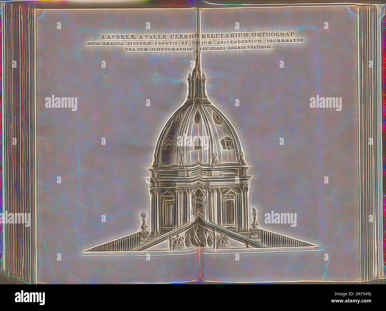 Eine reich verzierte Kuppel, die sich durch ihre komplizierten architektonischen Details auszeichnet, erhebt sich majestätisch aus der darunter liegenden Struktur. Die Szene zeigt fein gearbeitete Elemente, die die Kunstfertigkeit des Designs demonstrieren, wobei der Fokus auf die Spitze der Kuppel lenkt., S. Andreae a Valle ..., Kirche Sant'Andrea della Valle in Rom, Abb. 97, 41, nach S. 94, Offizin Endter Nürnberg (imp.), 1775, Joachim von Sandrart:Teutsche Academie der Bau- Bildhauer- und Maler-Kunst: Worinn die Regeln und Lehrsätze dieser Künste gegeben, nicht weniger zu mehreren Erläuterungen die besten Exempel der alten und Stockfoto