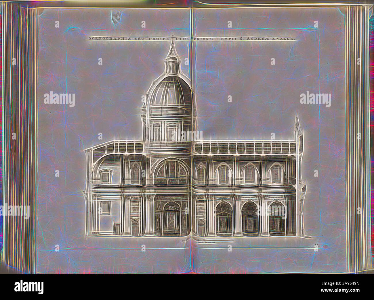 Eine aufwendig detaillierte architektonische Illustration, die ein großes Gebäude mit einer markanten Kuppel und eleganten Bögen zeigt, eingerahmt von kunstvollen Details. Das Design spiegelt klassische Elemente der Größe und Raffinesse wider. Szenographien oder Perspektiven im Tal des Tempels des Heiligen Andreas, Kirche Sant'Andrea della Valle in Rom, Abb. 99, 43, nach S. 94, Offizin Endter Nürnberg (imp.), 1775, Joachim von Sandrart:Teutsche Academie der Bau- Bildhauer- und Maler-Kunst: Worinn die Regeln und Lehrsätze dieser Künste gegeben, nicht weniger zu mehreren Erläuterungen die besten Exempel der alten Stockfoto