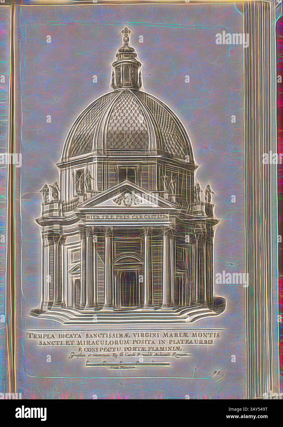 Eine aufwendig detaillierte architektonische Illustration eines Kuppelbaus mit eleganten Kurven und verzierten Merkmalen, mit Inschriften, die die Hingabe an die Jungfrau Maria und ihre historische Bedeutung hervorheben. Ein Tempel wurde der Heiligen Jungfrau Maria vom Berg des Heiligen geweiht, und die Straße der Stadt, aus Sicht des Tores, brachte sie in eines der Flaminischen Miracoli, Kirche Santa Maria in Montesanto in Rom, Abb. 101, 45, nach S. 94, Offizin Endter Nürnberg (imp.), 1775, Joachim von Sandrart:Teutsche Academie der Bau- Bildhauer- und Maler-Kunst: Worinn die Regeln und Stockfoto Eine aufwendig detaillierte architektonische Illustration eines Kuppelbaus mit eleganten Kurven und verzierten Merkmalen, mit Inschriften, die die Hingabe an die Jungfrau Maria und ihre historische Bedeutung hervorheben. Ein Tempel wurde der Heiligen Jungfrau Maria vom Berg des Heiligen geweiht, und die Straße der Stadt, aus Sicht des Tores, brachte sie in eines der Flaminischen Miracoli, Kirche Santa Maria in Montesanto in Rom, Abb. 101, 45, nach S. 94, Offizin Endter Nürnberg (imp.), 1775, Joachim von Sandrart:Teutsche Academie der Bau- Bildhauer- und Maler-Kunst: Worinn die Regeln und Stockfoto
