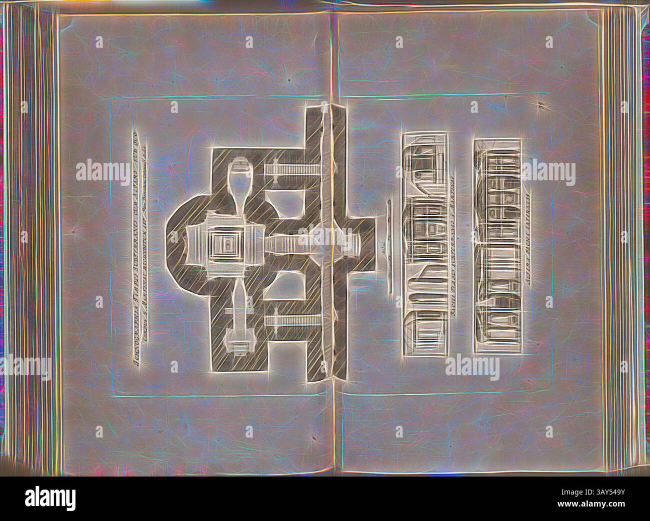 Eine künstlerische Darstellung eines Blueprints mit detailliertem Layout eines mechanischen Designs, flankiert von kunstvollen dekorativen Elementen. Diese Abbildung zeigt verschiedene Komponenten und deutet auf eine komplexe Struktur oder Vorrichtung mit komplizierten geometrischen Mustern hin., unterirdischer Altar des Ichnographia-Tempels, wo der Leichnam begraben wurde St. Martina, untere Kirche der Kirche Santi Luca e Martina in Rom, Abb. 91, 35, nach S. 94, Datum geschätzt;, Offizin Endter Nürnberg (imp.), 1775, Joachim von Sandrart:Teutsche Academie der Bau- Bildhauer- und Maler-Kunst: Worinn die Regeln und Lehrsätze dieser Stockfoto