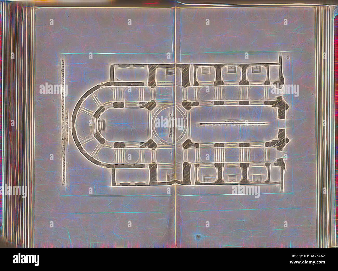 Ein architektonischer Entwurf zeigt ein Layout mit verbundenen Strukturen, mit kreisförmigen und rechteckigen Räumen, Wegen und detaillierten räumlichen Anordnungen, was auf einen komplexen Entwurf für ein Gebäude oder eine Anlage hindeutet., Ichnographia Neubau SS. Ambrosius und Charles' der Kurs, Grundriss der Kirche Santi Ambrogio e Carlo in Rom, Abb. 107, 51, nach S. 94, Offizin Endter Nürnberg (imp.), 1775, Joachim von Sandrart:Teutsche Academie der Bau- Bildhauer- und Maler-Kunst: Worinn die Regeln und Lehrsätze dieser Künste gegeben, nicht weniger zu mehreren Erläuterungen die besten Exempel der Stockfoto