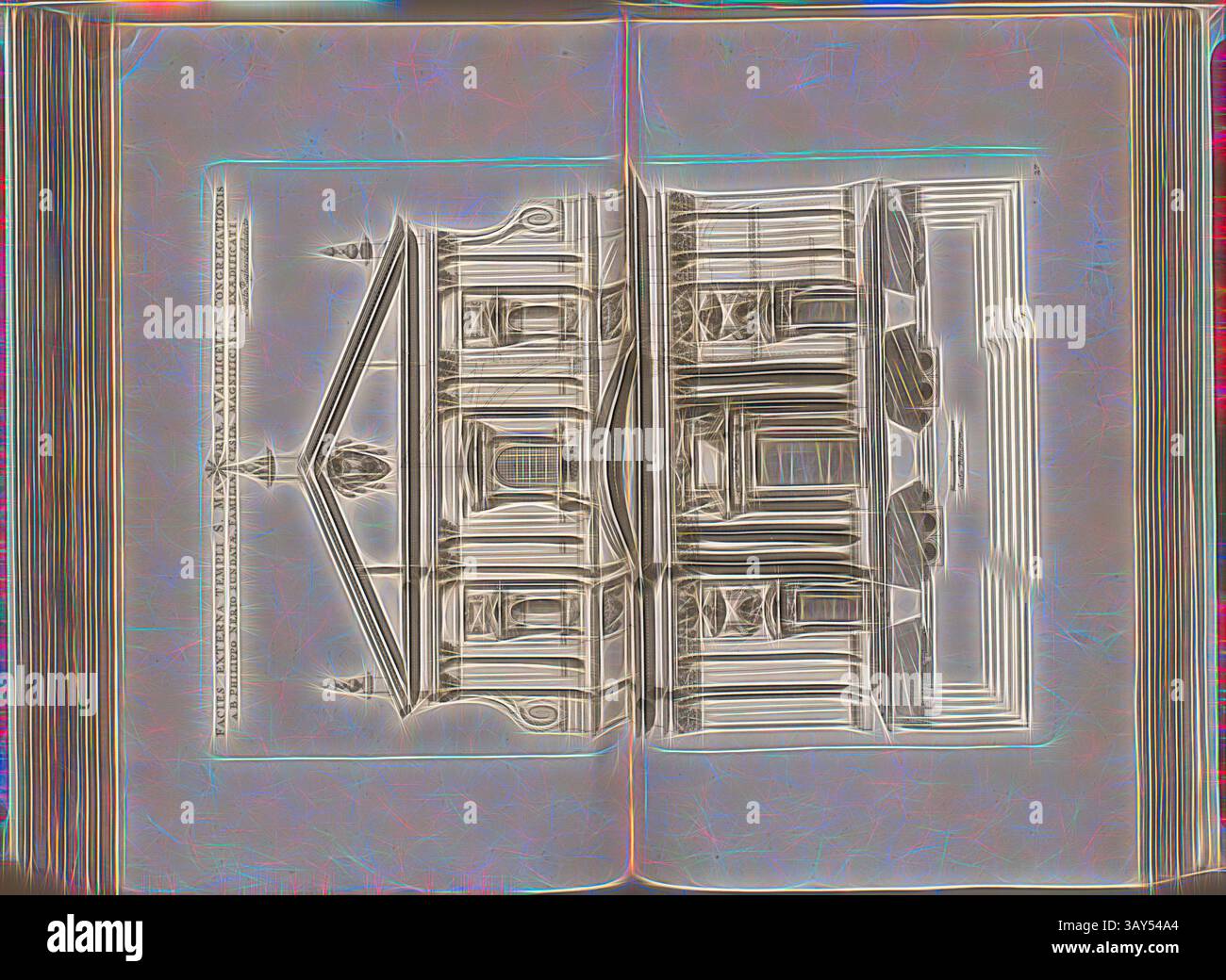 Ein offenes Buch mit einer komplizierten architektonischen Illustration, die ein symmetrisches Design zeigt, hervorgehoben durch detaillierte Verzierungen und elegante Linien., das Gesicht der äußeren Dinge des Tempels, aus der Kongregation des Heiligen Philipp Neri gegründet, Maria wurde von Vallicella erhalten, erbaut aus der Familie wurden getötet, ist die Größe, Kirche Santa Maria in Vallicella in Rom, Abb. 83, 27, nach S. 94, Offizin Endter Nürnberg (imp.), 1775, Joachim von Sandrart:Teutsche Academie der Bau- Bildhauer- und Maler-Kunst: Worinn die Regeln und Lehrsätze dieser Künste gegeben, nicht Stockfoto