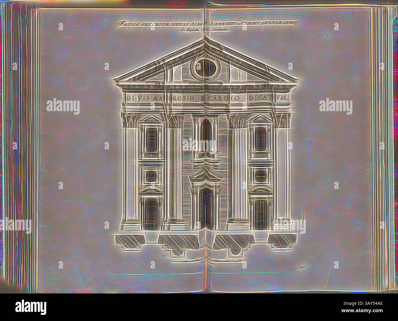 Eine aufwendig gestaltete architektonische Illustration, die ein klassisches Gebäude mit detaillierten Säulen, einer markanten Kuppel und kunstvollen Dekorationen zeigt. Die symmetrische Fassade des Gebäudes wird von aufwendig gearbeiteten Elementen flankiert, die einen historischen Stil widerspiegeln. Die Außenwand der neuen Basilika St. Ambrosius und Karl für den Kurs, Kirche Santi Ambrogio e Carlo in Rom, Abb. 106, 50, nach S. 94, Offizin Endter Nürnberg (imp.), 1775, Joachim von Sandrart:Teutsche Academie der Bau- Bildhauer- und Maler-Kunst: Worinn die Regeln und Lehrsätze dieser Künste gegeben, nicht weniger zu Stockfoto