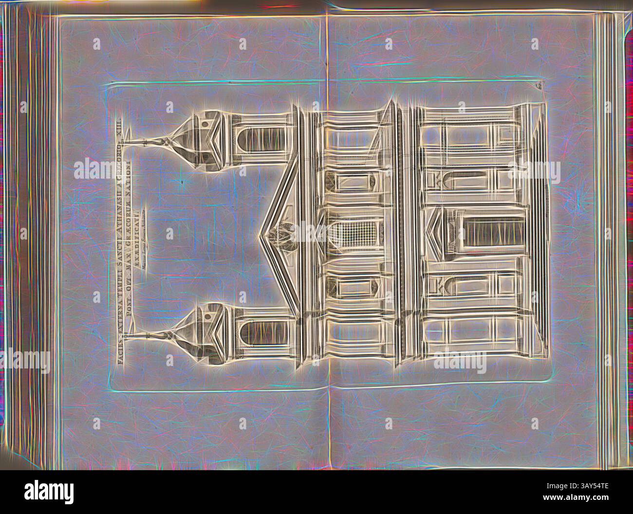 Eine komplexe architektonische Illustration mit detaillierten Entwürfen eines großen Gebäudes, mit kunstvollen Elementen, Symmetrie und dekorativen Akzenten. Die Struktur wird durch Türme und charakteristische Merkmale ergänzt, die klassische architektonische Stile widerspiegeln. Die Außenwand des Tempels des Heiligen Athanasius und Gregor 13. ..., Kirche Sant Atanasio dei Greci in Rom, Abb. 116, 60, nach S. 94, Offizin Endter Nürnberg (imp.), 1775, Joachim von Sandrart:Teutsche Academie der Bau- Bildhauer- und Maler-Kunst: Worinn die Regeln und Lehrsätze dieser Künste gegeben, nicht weniger zu mehreren Stockfoto