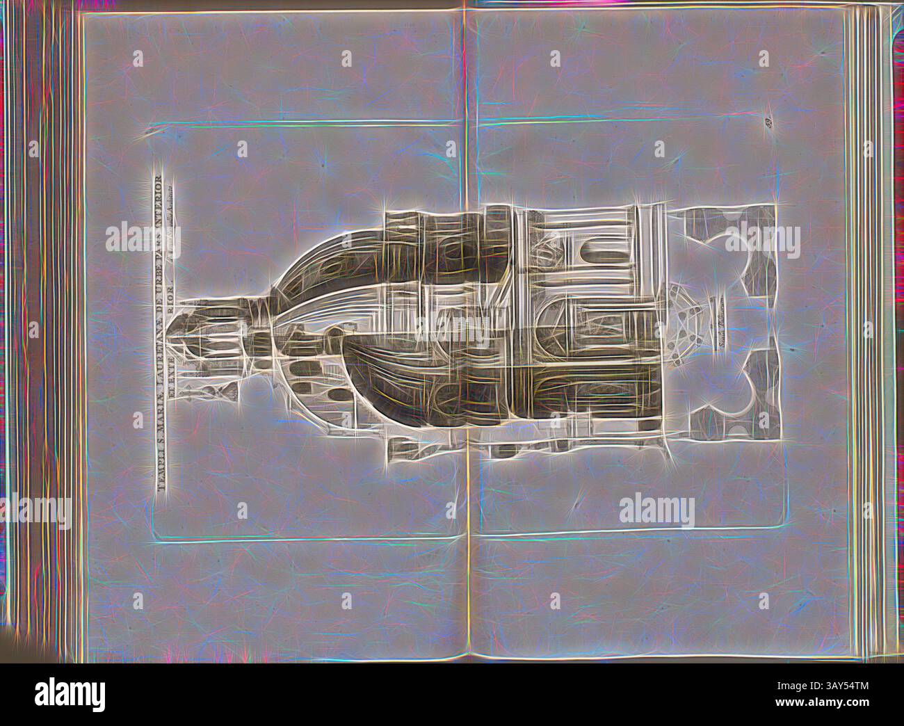 Eine aufwendig gestaltete Architektur mit raffinierten Details und kunstvollen Merkmalen wird dargestellt. Die Komposition hebt die Symmetrie und Komplexität des Designs hervor und weist auf eine historische oder künstlerische Bedeutung hin. Der Gesamteffekt erzeugt eine einzigartige visuelle Aura, die das Stück umgibt., Tempelstadt unsere Lieben Frau von Loreto innen und außen, Kirche Santa Maria di Loreto in Rom, Abb. 115, 59, nach S. 94, Offizin Endter Nürnberg (imp.), 1775, Joachim von Sandrart:Teutsche Academie der Bau- Bildhauer- und Maler-Kunst: Worinn die Regeln und Lehrsätze dieser Künste gegeben Stockfoto