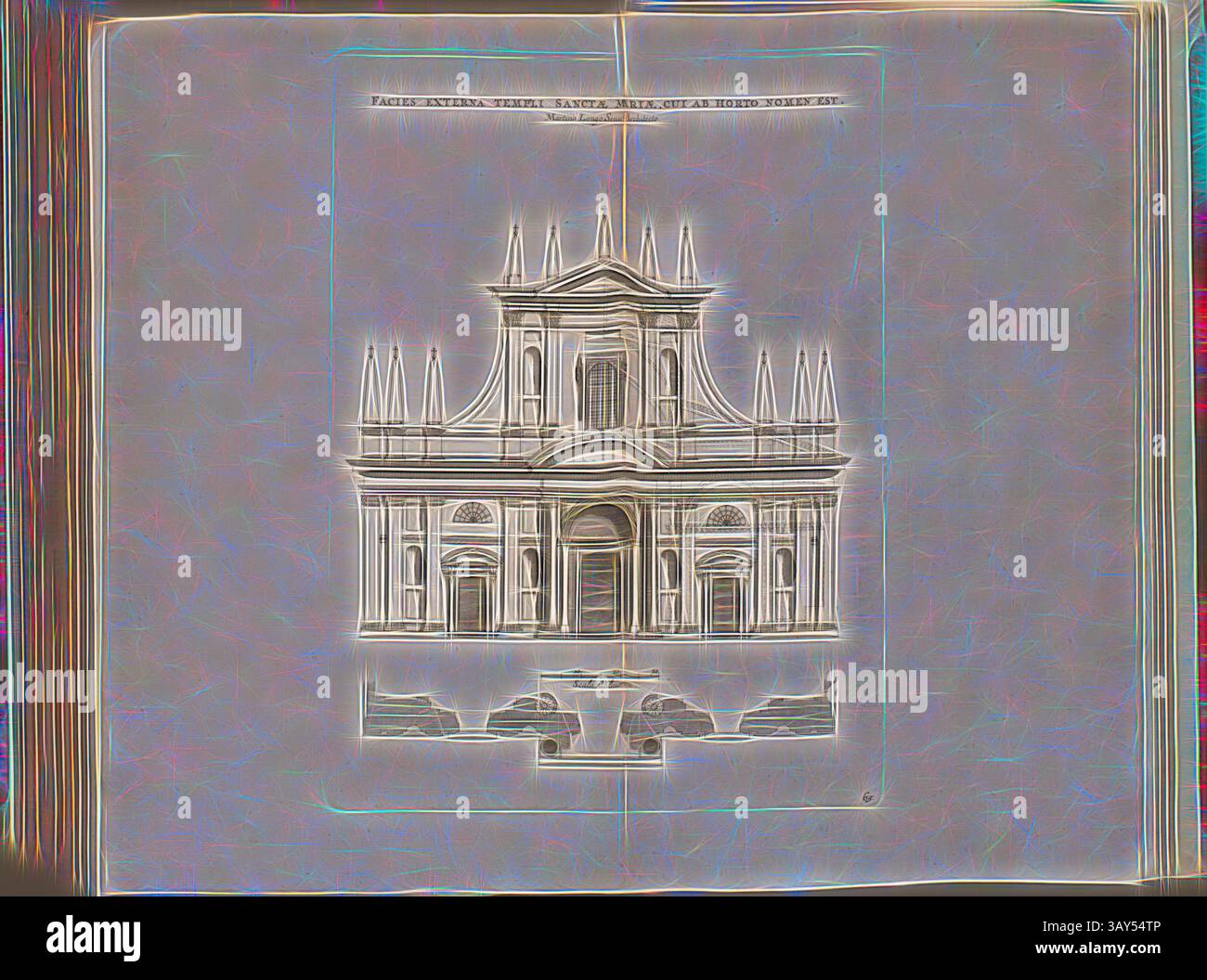 Eine aufwendig gestaltete architektonische Illustration mit einer großen Fassade mit hoch aufragenden Türmen und raffinierten Details, eingerahmt von einer dekorativen Borte. Das Gebäude ist mit kunstvollen Elementen verziert, die auf einen historischen oder neoklassizistischen Stil hinweisen. Die Außenwand des Tempels Santa Maria, dessen Name auf dem Garten steht, Kirche Santa Maria dell'Orto in Rom, Abb. 121, 65, nach S. 94, Offizin Endter Nürnberg (imp.), 1775, Joachim von Sandrart:Teutsche Academie der Bau- Bildhauer- und Maler-Kunst: Worinn die Regeln und Lehrsätze dieser Künste gegeben, nicht weniger zu mehreren Erläuterungen Stockfoto