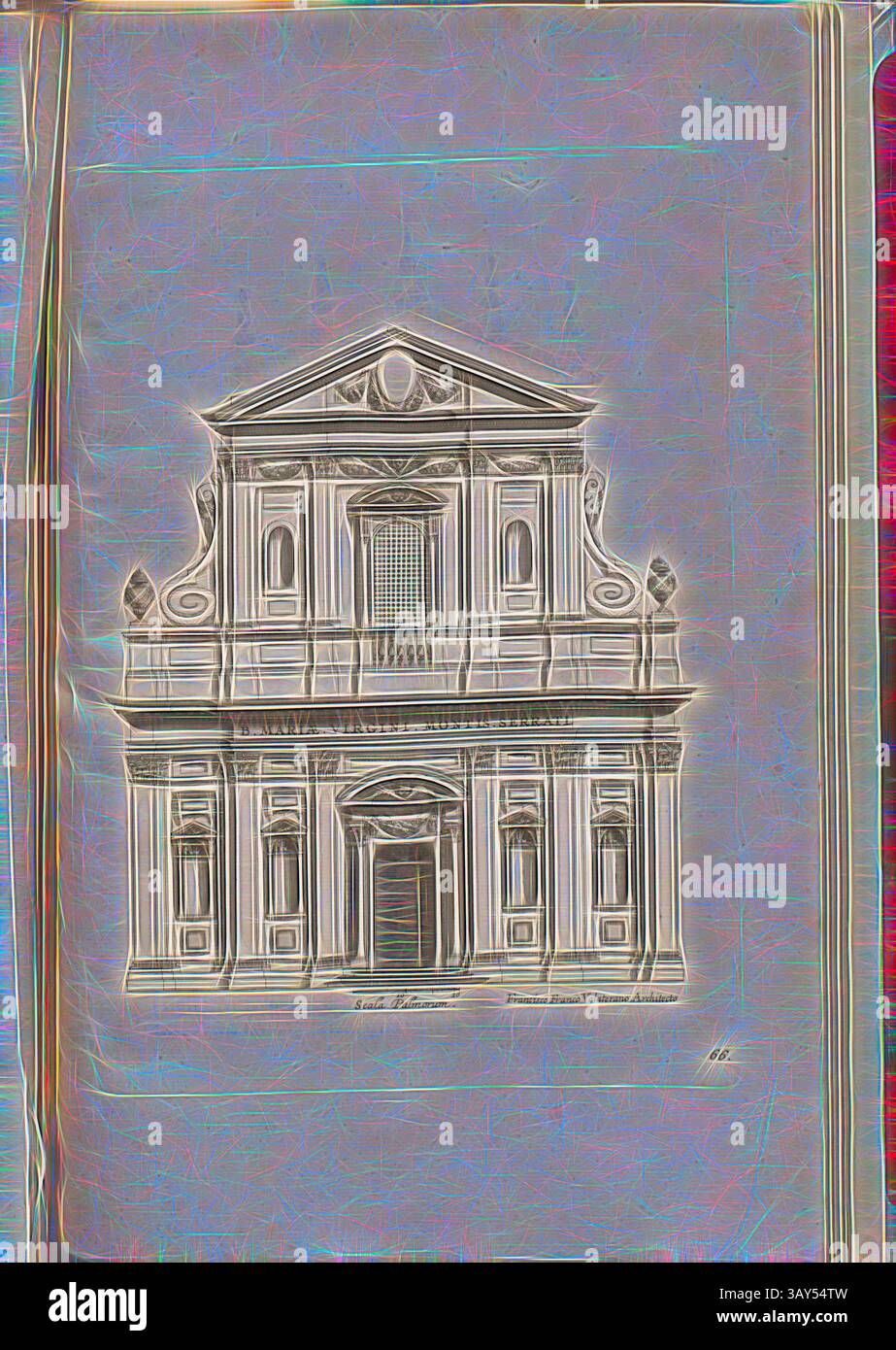 Eine aufwendig gestaltete architektonische Illustration eines klassischen Gebäudes mit kunstvollen Details an der Fassade, einschließlich Säulen und dekorativen Elementen. Die Prominenz der Symmetrie und des raffinierten Designs spiegelt die Handwerkskunst der Zeit wider., Heilige Jungfrau von Montserrat, Kirche in Rom, Abb. 122, 66, nach S. 94, Offizin Endter Nürnberg (imp.), 1775, Joachim von Sandrart:Teutsche Academie der Bau- Bildhauer- und Maler-Kunst: Worinn die Regeln und Lehrsätze dieser Künste gegeben, nicht weniger zu mehreren Erläuterungen die besten Exempel der alten und neuen Künstler in Kupfer beygefüget Stockfoto