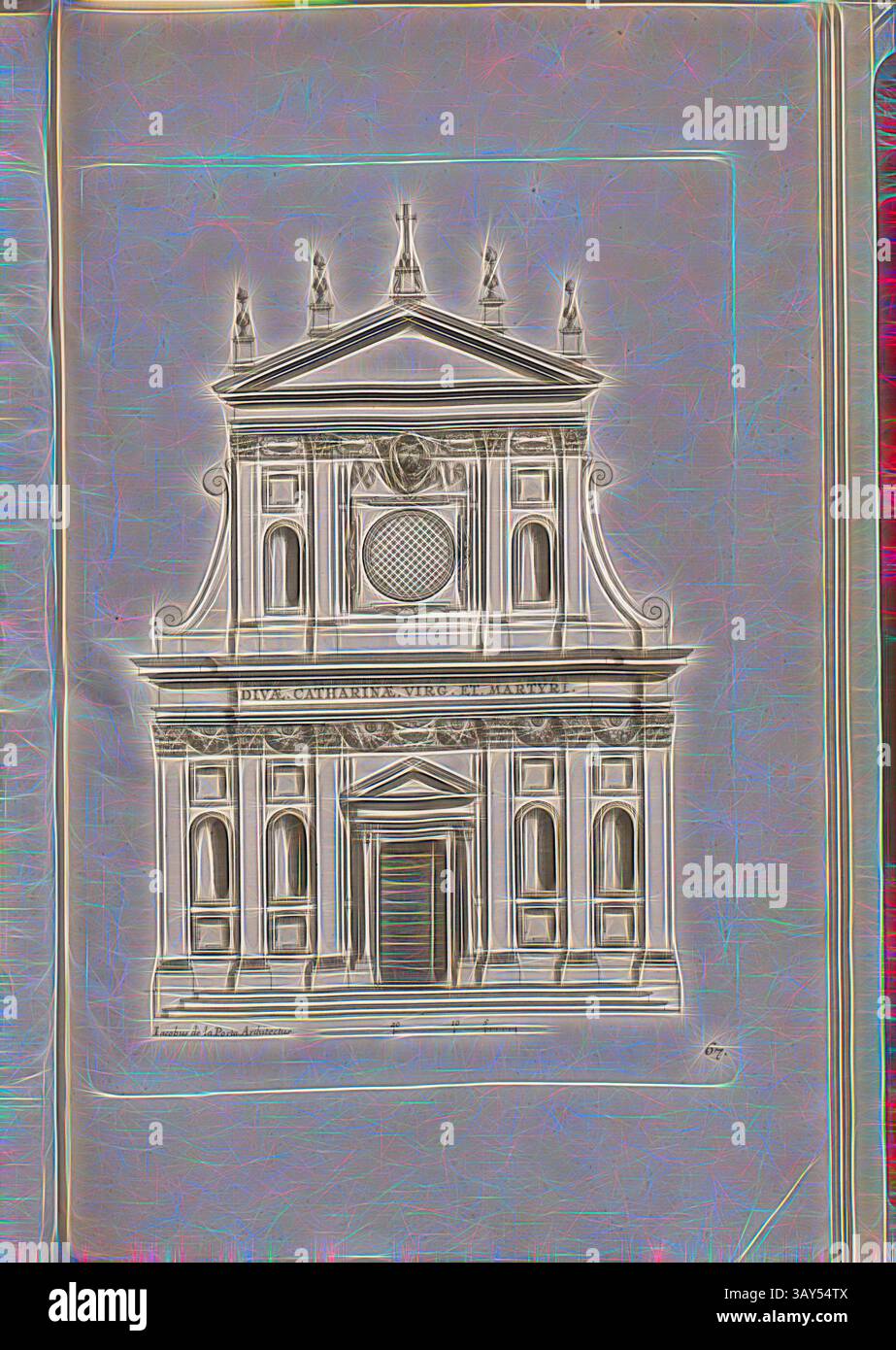Ein kunstvoll verziertes architektonisches Design mit einer großen Fassade, die mit komplizierten Details verziert ist, darunter ein kreisrundes Fenster und dekorative Skulpturen, gekrönt von einem markanten Giebel. Das Gebäude ist einer religiösen Figur gewidmet, wobei die Inschrift über dem Eingang sichtbar ist. St. Katharina Maria. Und Märtyrer, Santa Caterina dei Funari Kirche in Rom, Abb. 123, 67, gem. S. 124, Offizin Endter Nürnberg (imp.), 1775, Joachim von Sandrart:Teutsche Academie der Bau- Bildhauer- und Maler-Kunst: Worinn die Regeln und Lehrsätze dieser Künste gegeben, nicht weniger zu mehreren Stockfoto