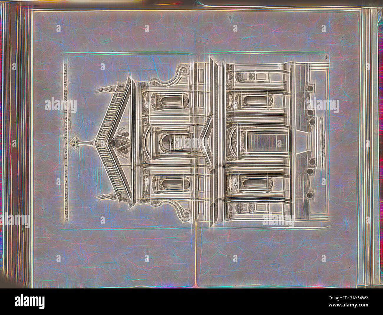 Ein aufwendig gestaltetes architektonisches Gebäude mit kunstvollen Details und einer großen Fassade, die Elemente wie Säulen und dekorative Motive zeigt, die seine historische Bedeutung unterstreichen. Die Symmetrie und das ausgeklügelte Gesims geben ihm ein beeindruckendes und zeitloses Aussehen. Die Außenwand des Tempels Santa Susanna auf dem Berg Quirinal, Santa Susanna Kirche in Rom, Abb. 118, 62, nach S. 94, Offizin Endter Nürnberg (imp.), 1775, Joachim von Sandrart:Teutsche Academie der Bau- Bildhauer- und Maler-Kunst: Worinn die Regeln und Lehrsätze dieser Künste gegeben, nicht weniger zu mehreren Stockfoto