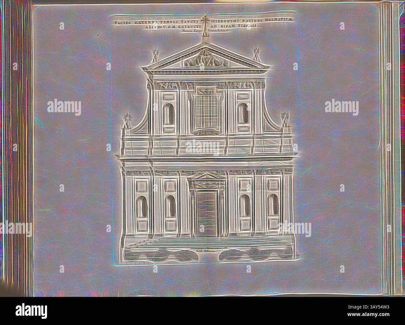 Ein kunstvoll verziertes architektonisches Design verfügt über eine symmetrische Fassade mit komplizierten Details, darunter Säulen, ein Giebel und dekorative Elemente. Das Gebäude wird vor einem subtilen, strukturierten Hintergrund präsentiert, der seinen klassischen Stil und seine Pracht unterstreicht., Jerome Außenwand der Nation Dalmaticae ..., Kirche San Girolamo dei Croati Rom, Abb. 120, 64, nach S. 94, Offizin Endter Nürnberg (imp.), 1775, Joachim von Sandrart:Teutsche Academie der Bau- Bildhauer- und Maler-Kunst: Worinn die Regeln und Lehrsätze dieser Künste gegeben, nicht weniger zu mehreren Erläuterungen die besten Exempel der Stockfoto