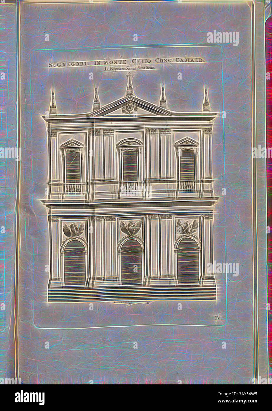 Eine architektonische Illustration eines klassischen Gebäudes mit kunstvollen Säulen, kunstvollen Gesimsen und dekorativen Giebeln, gekrönt von einem markanten dreieckigen Giebel. Die Struktur zeigt Symmetrie und Pracht, was auf historische Designelemente hinweist. Gregory Mount Adoption Cong. Camald., Kirche Santi Andrea und Gregorio al Monte Celio in Rom, Abb. 127, 71, nach S. 94, Offizin Endter Nürnberg (imp.), 1775, Joachim von Sandrart:Teutsche Academie der Bau- Bildhauer- und Maler-Kunst: Worinn die Regeln und Lehrsätze dieser Künste gegeben, nicht weniger zu mehreren Erläuterungen die besten Stockfoto