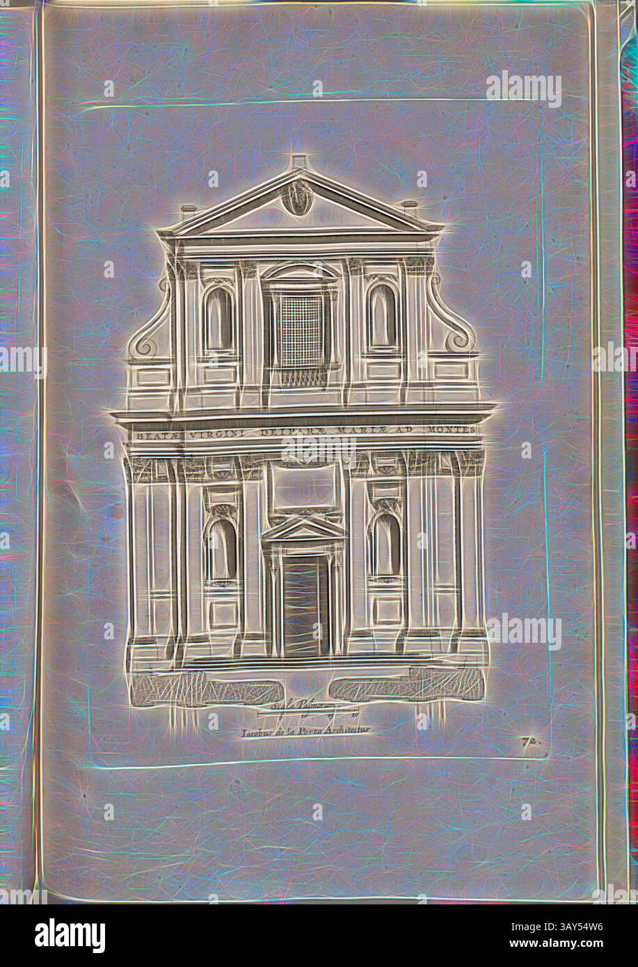 Eine detaillierte architektonische Illustration eines klassischen Gebäudes mit kunstvollen Schnitzereien und einem markanten Eingang. Das Design zeichnet sich durch elegante Symmetrie und dekorative Elemente aus, die die Handwerkskunst der Epoche hervorheben., Parae gesegnete Jungfrau Maria in den Bergen, Kirche Santa Maria ai Monti in Rom, Abb. 128, 72, nach S. 94, Offizin Endter Nürnberg (imp.), 1775, Joachim von Sandrart:Teutsche Academie der Bau- Bildhauer- und Maler-Kunst: Worinn die Regeln und Lehrsätze dieser Künste gegeben, nicht weniger zu mehreren Erläuterungen die besten Exempel der alten und neuen Künstler in Kupfer Stockfoto