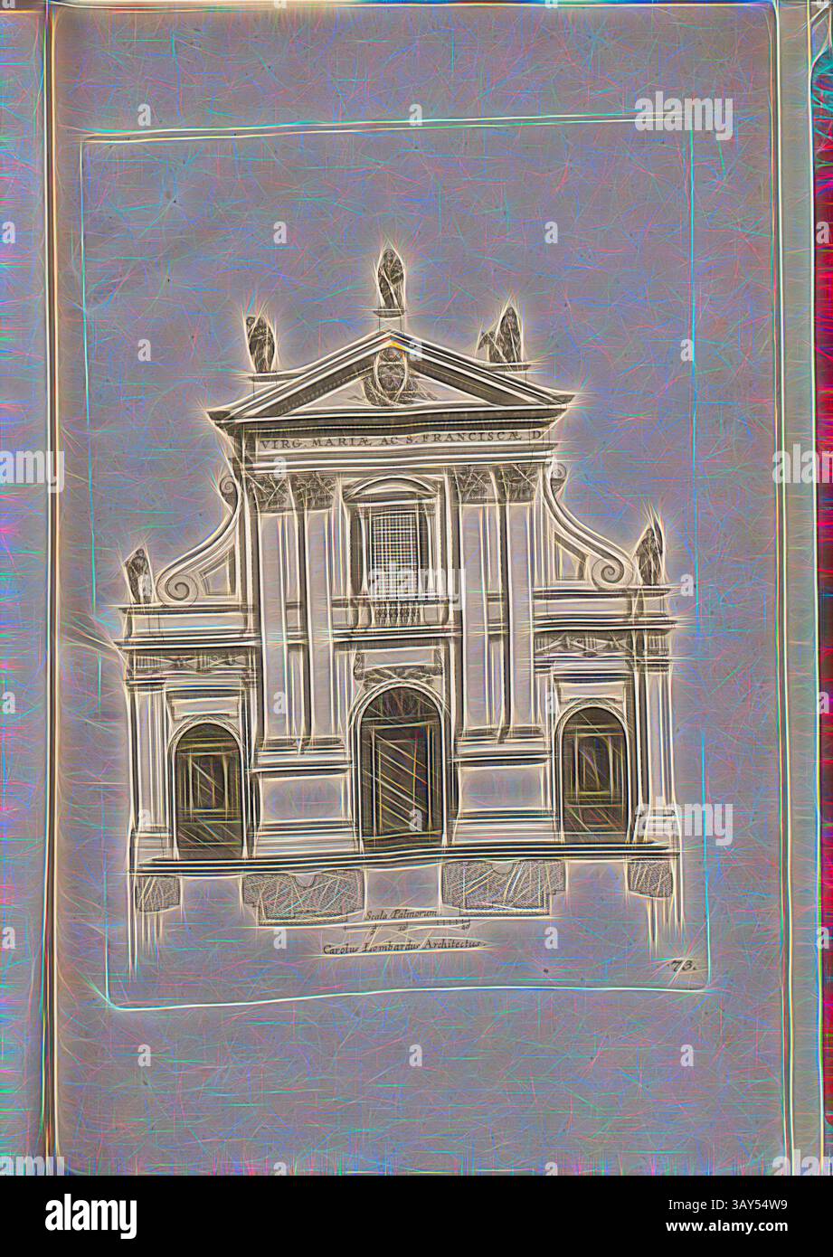 Eine kunstvolle Gebäudefassade mit komplexen architektonischen Details, darunter Statuen auf dem Dach und dekorative Säulen, die den Eingang umrahmen. Das Design zeigt klassische Elemente, die auf historische Bedeutung hinweisen., B. Virg. Gesegnete Maria und St. Frances von D., Kirche Santa Francesca Romana in Rom, Abb. 129, 73, nach S. 94, Offizin Endter Nürnberg (imp.), 1775, Joachim von Sandrart:Teutsche Academie der Bau- Bildhauer- und Maler-Kunst: Worinn die Regeln und Lehrsätze dieser Künste gegeben, nicht weniger zu mehreren Erläuterungen die besten Exempel der alten und neuen Künstler Stockfoto