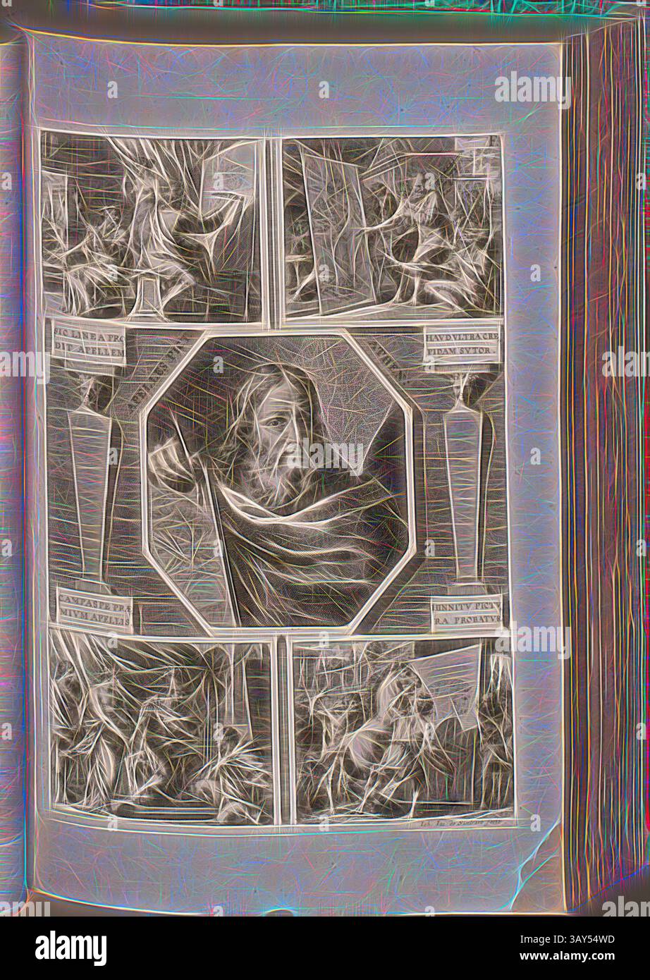 Eine Sammlung komplizierter Szenen, die historische oder religiöse Figuren darstellen, mit expressiven Gesten und auffälligen Kompositionen, eingerahmt von kunstvollen Grenzen. Die Details wecken ein Gefühl von Tiefe und Emotionen und tauchen den Betrachter in die porträtierten Erzählungen ein., Apelles pict. Athen., Porträt von Apelles und Apelles Gemälde, signiert: IOH., IAC, de Sandrart fecit, Fig. 6, F, to S. 64, Sandrart, Johann Jakob von (fec.), 1774, Joachim von Sandrart:Teutsche Academie der Bau- Bildhauer- und Maler-Kunst: Worinn die Regeln und Lehrsätze dieser Künste gegeben, nicht weniger zu mehreren Erläuterungen die Stockfoto