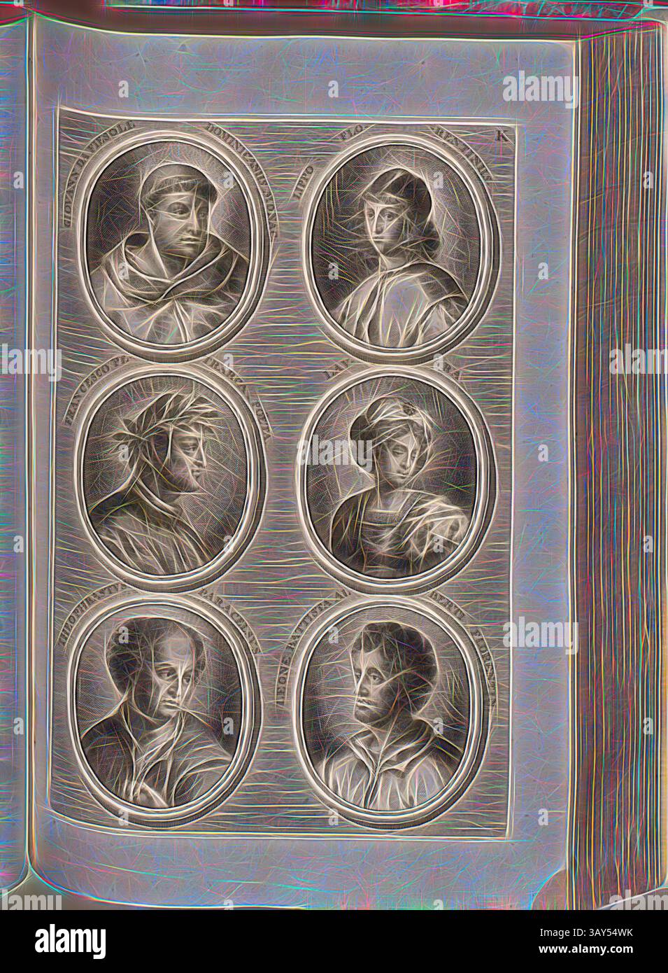 Eine Sammlung von sechs stilisierten Porträts, die jeweils in einem kunstvollen kreisförmigen Rahmen untergebracht sind, zeigt verschiedene Individuen, die ihre einzigartigen Ausdrucksformen und Kleidungsstücke hervorheben. Das Arrangement betont den Kontrast und die Individualität der Figuren, was ein historisches oder künstlerisches Thema andeutet. Giovanni da Fiesole Dominicanus Monac. Lippo Florentinus, Francesco Petrarca Poëta, Laura, Theophrastus Paracelsus, Leone Battista Alberti Florentin., Porträt von Fra Angelico, Filippino Lippi, Francesco Petrarca, Laura (literarische Figur in Petrarcas Rime), Philip Theophrastus Aureolus Bombast von Hohenheim, Gio Stockfoto