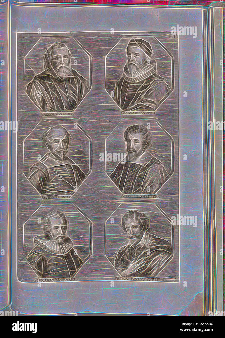 Eine Komposition mit sechs Porträts bekannter historischer Persönlichkeiten, die jeweils in einem unverwechselbaren Stil aufgenommen wurden, mit detaillierten Ausdrücken und Kleidung, die ihre Ära widerspiegeln. Die Figuren sind in zwei Dreireihen angeordnet, eingerahmt in kunstvollen Formen, die auf eine Feier ihrer Bedeutung hinweisen. Adam van Oort, Octavio van Veen, Guido Rhenus, Adam Elsheimer, Abraham Blomaert, Petrus Paulus Rubbens, Porträt von Adam van Noort, Otto van Veen, Guido Reni, Adam Elsheimer, Abraham Bloemaert, Peter Paul Rubens, signiert: Waldtreich f, Abb. 28, EE, nach S. 424, Waldreich, Johann Georg (fec.), 1774 Stockfoto
