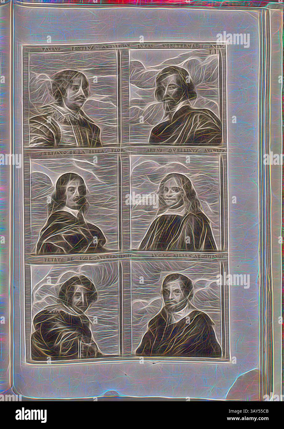 Eine Sammlung von sechs Porträts mit Personen in historischer Kleidung, jedes mit unterschiedlichen Posen und Ausdrücken, vor einem strukturierten Hintergrund. Die Bildsprache fängt eine Reihe von Emotionen und Stilen ein und bietet einen Einblick in eine künstlerische Interpretation von Charakter und Zeit. Paul Pontius, Antverpiens. Lukas Vorstermannum Ante. Steffano von Bella Flor. Quellinus Limmbs in Antwerpen. Peter lode Antwerpiensis Lucas Kilian von Augsburg, Porträt von Paul Pontius, Lucas Vosterman, Stefano della Bella, Arthurus Quellinus, Pieter de Jode, Lucas Kilian, Abb. 34, LL, nach S. 424, 1774, Joachim von Sandrart Stockfoto